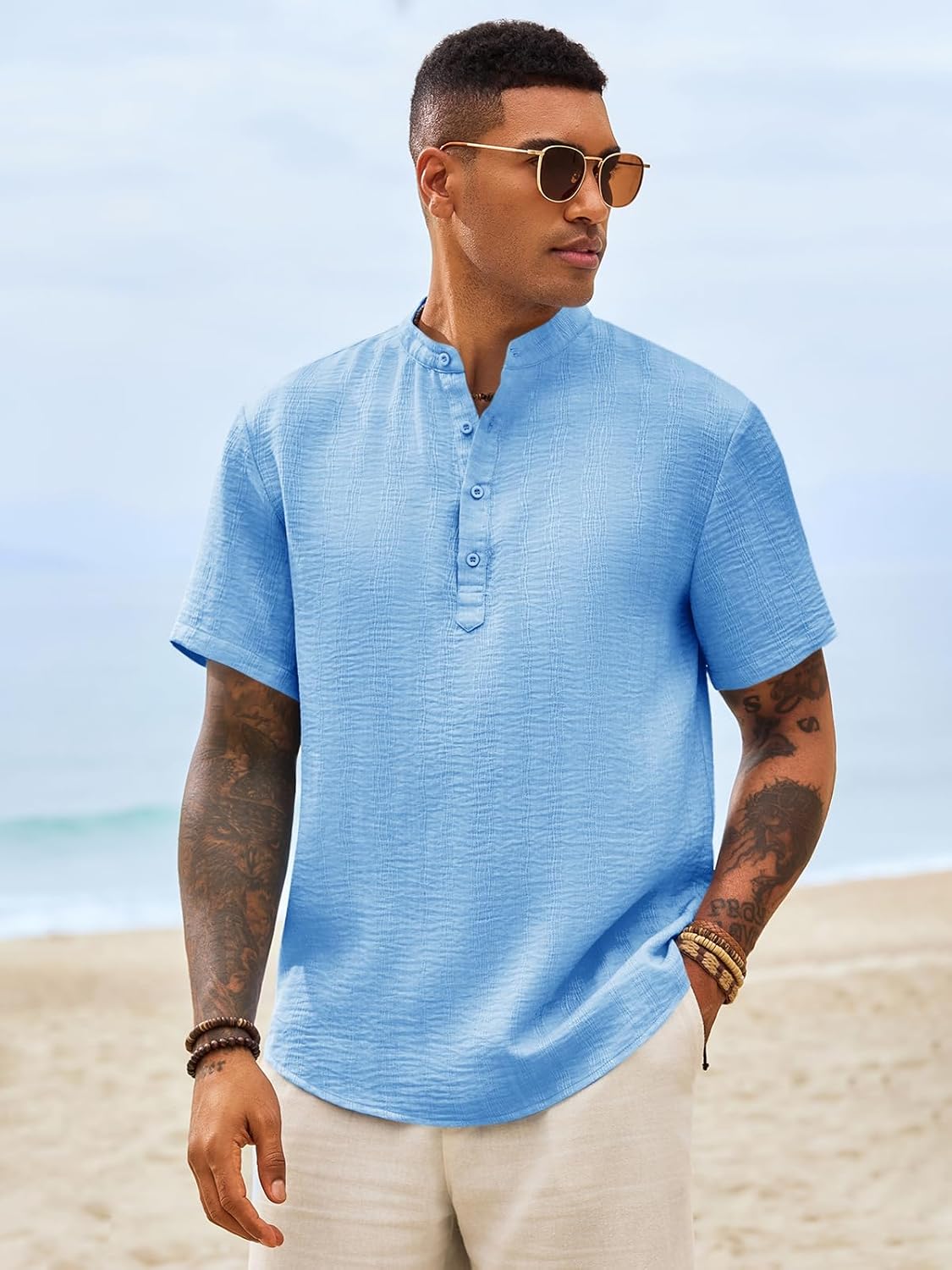 Runcati Mens Casual Henley Shirt Short Sleeve Band Collar Textured Shirts Summer Beach Hippie T-Shirts - Image 2