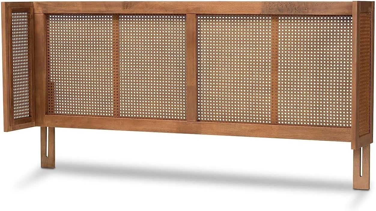 HomeStock Eclectic Escape Mid-Century Modern Ash Wanut Finished Wood and Synthetic Rattan Wrap-Around Headboard Queen
