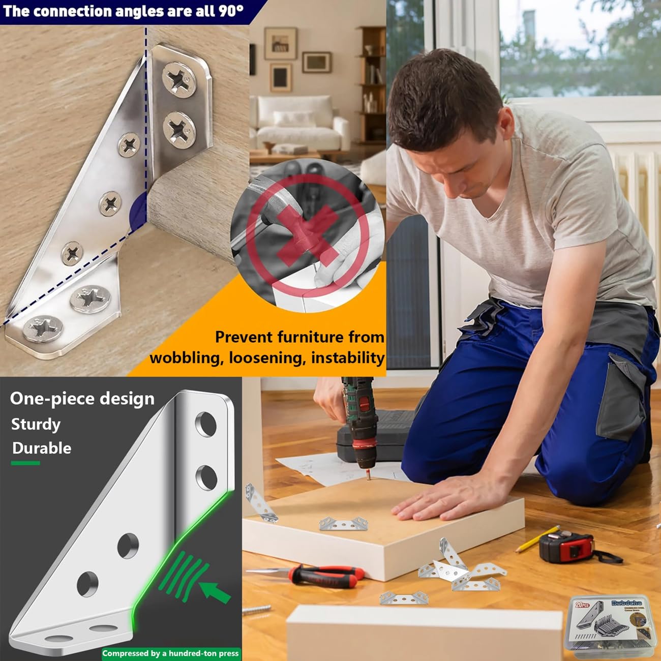 Furniture Corner Connector - 20PCS Universal Stainless Steel L Brackets for Wood,Hardware Metal Angle Bracket Corner Braces,L Bracket for Shelves,Table,Cabinet,Drawer,Corner Brackets for Wood