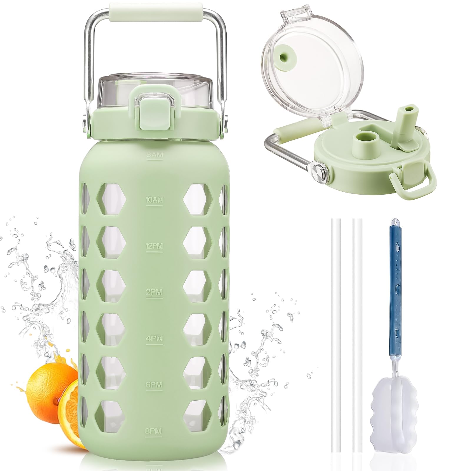 MUKOKO 64oz Glass Water Bottles with Straw and Lid,Half Gallon Water Bottle with Time Marker,Large Glass Water Jug with Silicone Sleeve and Stainless