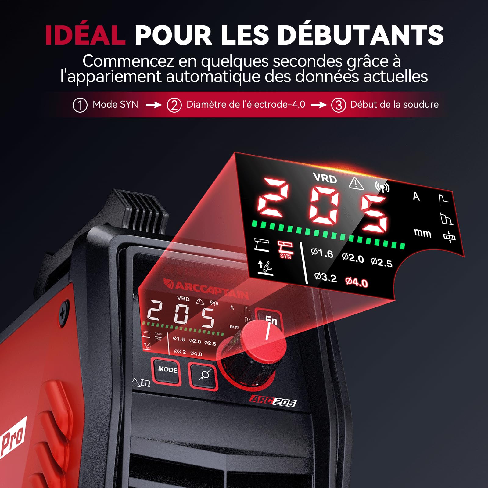 ARCCAPTAIN iControl ARC205 Pro Poste a Souder, [Contrôle APP] 205A Soudage ARC/TIG Lift Poste à Souder, Grand Écran LED Large, Inverseur IGBT 230V avec Démarrage Chaud, Force d'Arc et Anti-Adhérence