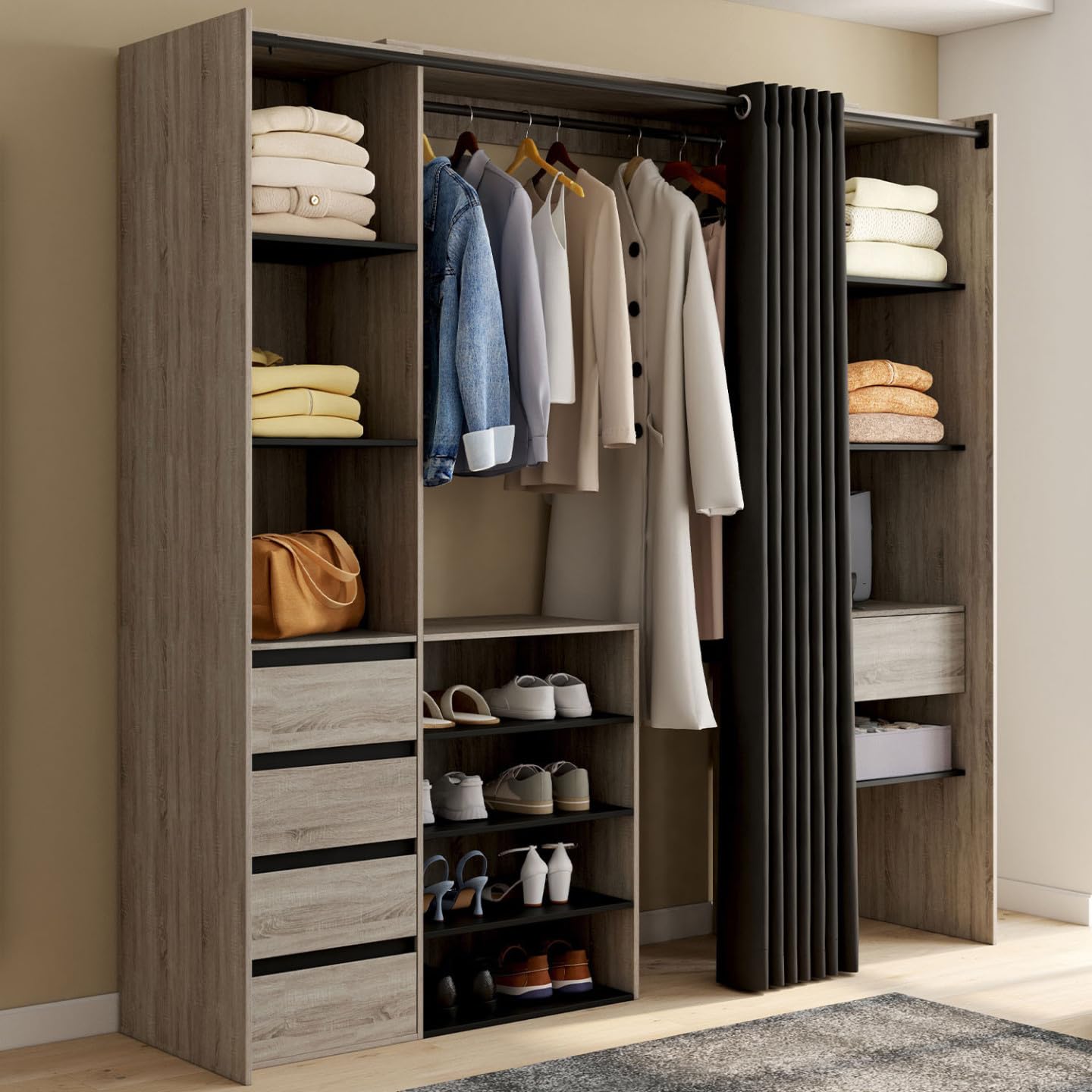 IDMarket - Dressing extensible double XXL MERYL 120/180 cm hêtre avec tiroirs + étagères + penderie + rideau noir