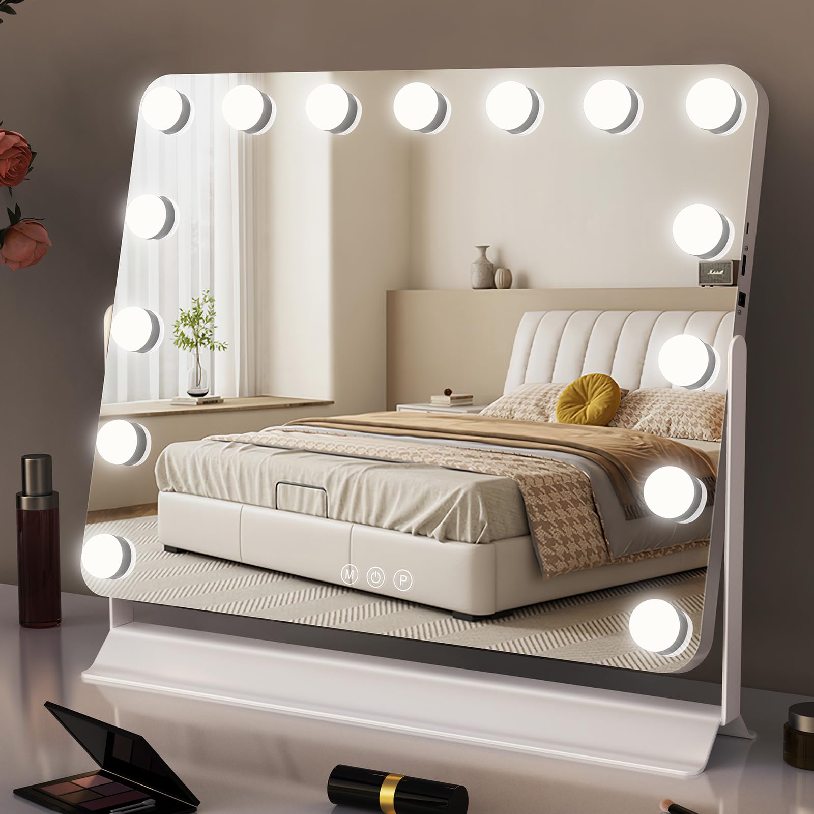GlamView Hollywood Vanity Mirror | 58x53cm Lighted Makeup Mirror with 15 Dimmable LED Bulbs | 360° Rotating | 3 Color Lighting Modes | Smart Touch Control | USB & USB C Output Ports