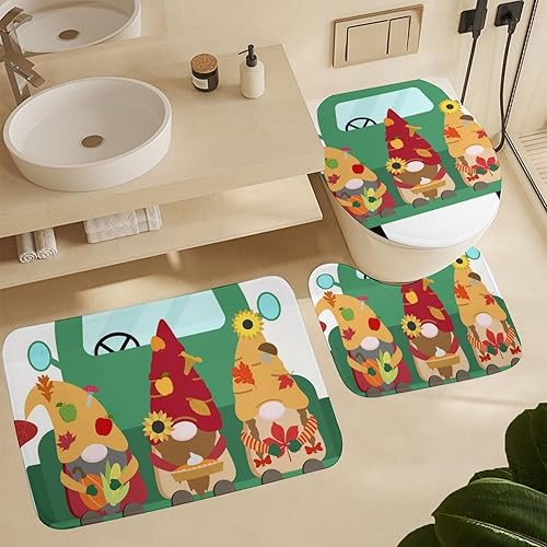 Juego de 3 tapetes de baño con diseño de gnomos de otoño, con cubierta de inodoro, antideslizante y en forma de U, tapete absorbente para baño