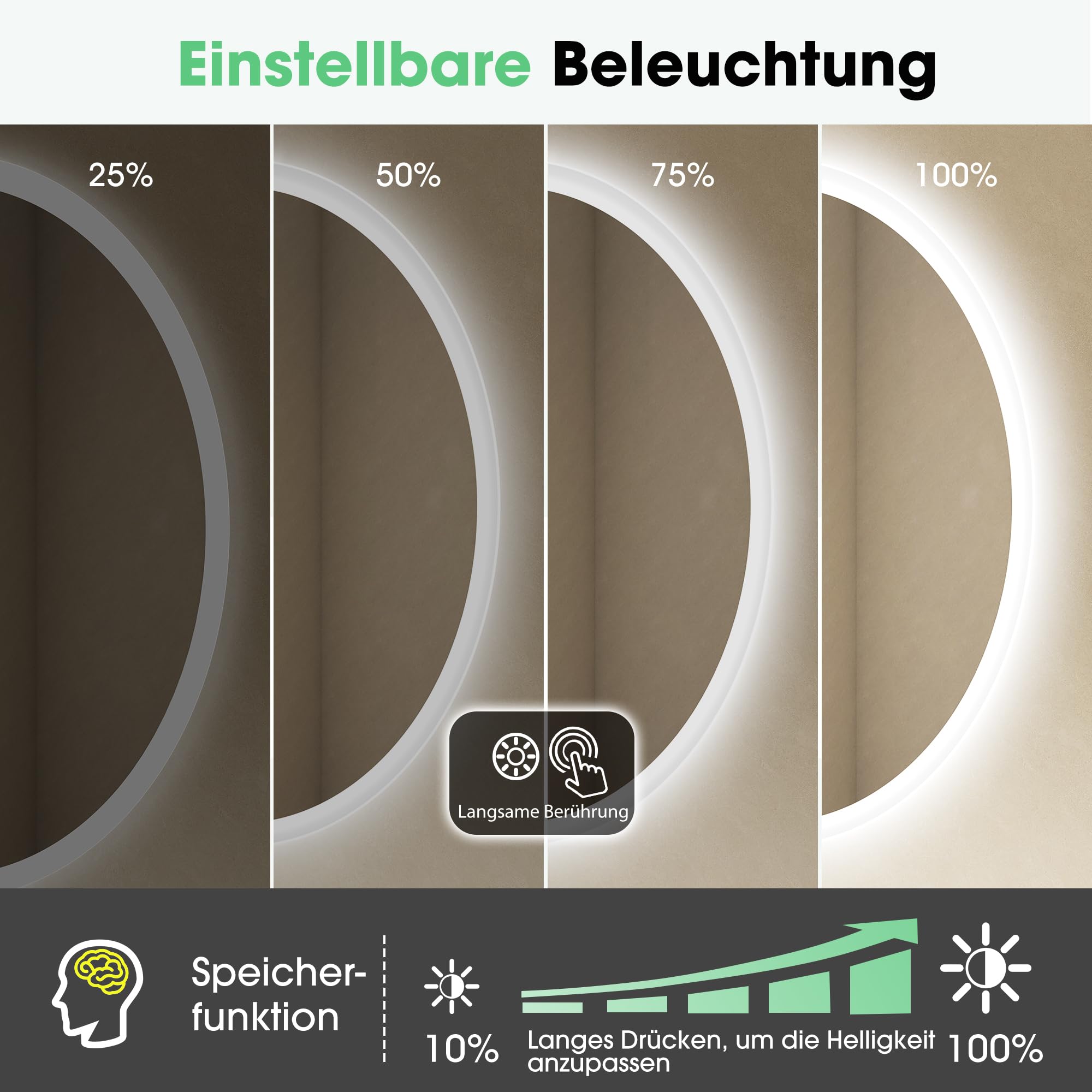 S'bagno Runder-Badspiegel-mit-Beleuchtung-60cm, Badezimmerspiegel-mit-Beleuchtung-und-Bluetooth, Entfoggen, 3000K/4000K/6500K, Dimmbar, HD-gehärtetes Glas, Speicherfunktion, IP44