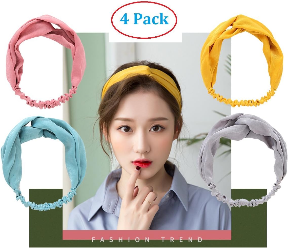 Headbands for Women. 4 Pack Headband Cross Head Wrap - Super Comfortable Hair Band - Perfect for Yoga or Fashion, Workout or Travel.