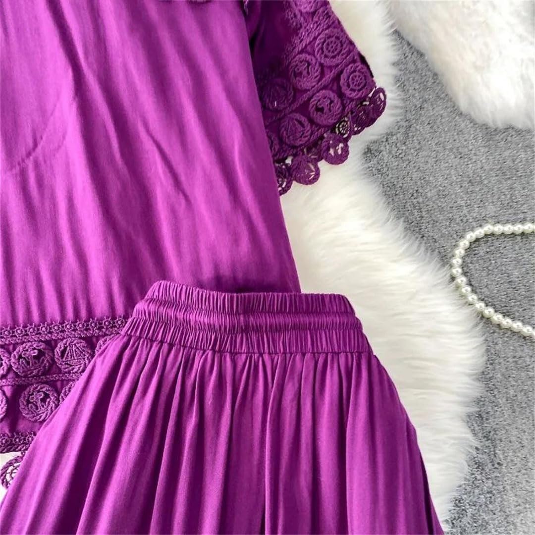 Women's Office Lady Turn Down Collar Short Sleeve Button Down Lace Patchwork Shirt And Mid Calf Skirt Two Piece Set