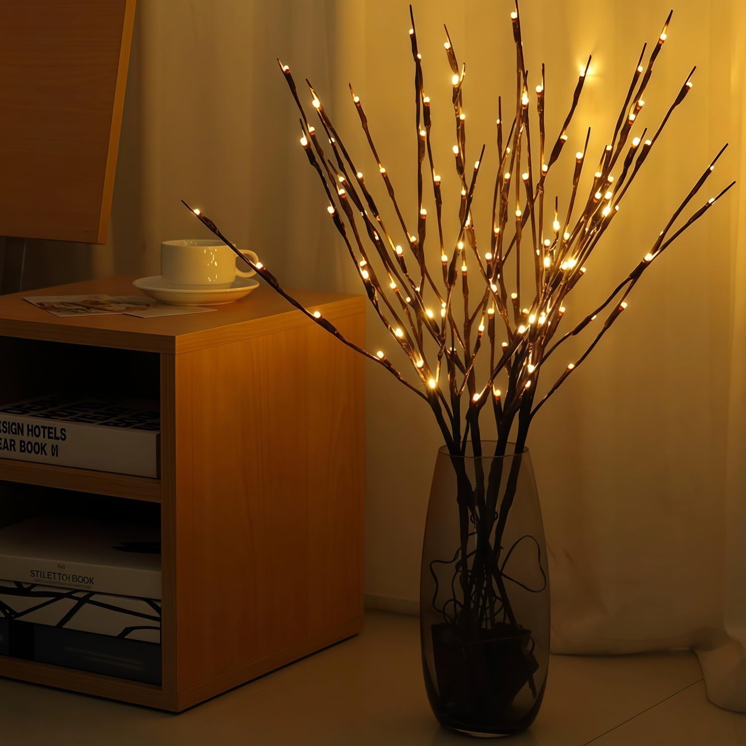 6 PCS LED Lighted Twig Branches 120 LED Beads Warm White Colored Battery Operated Decorative Branch Lights for Vase Bedroom Restaurant Coffee Bar Library Party Photo Background 70CM