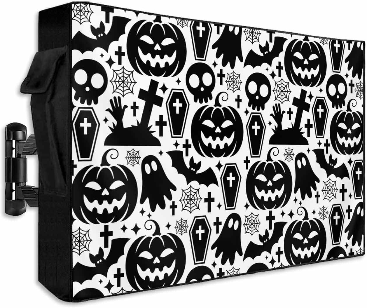 Outdoor TV Cover for Outside Flat Screen,Halloween Horror Skull Pumpkin Ghost,600D Thick Waterproof Weatherproof Outdoor TV Screen Protector with Zipper for 30 to 32 Inch Flat Screens