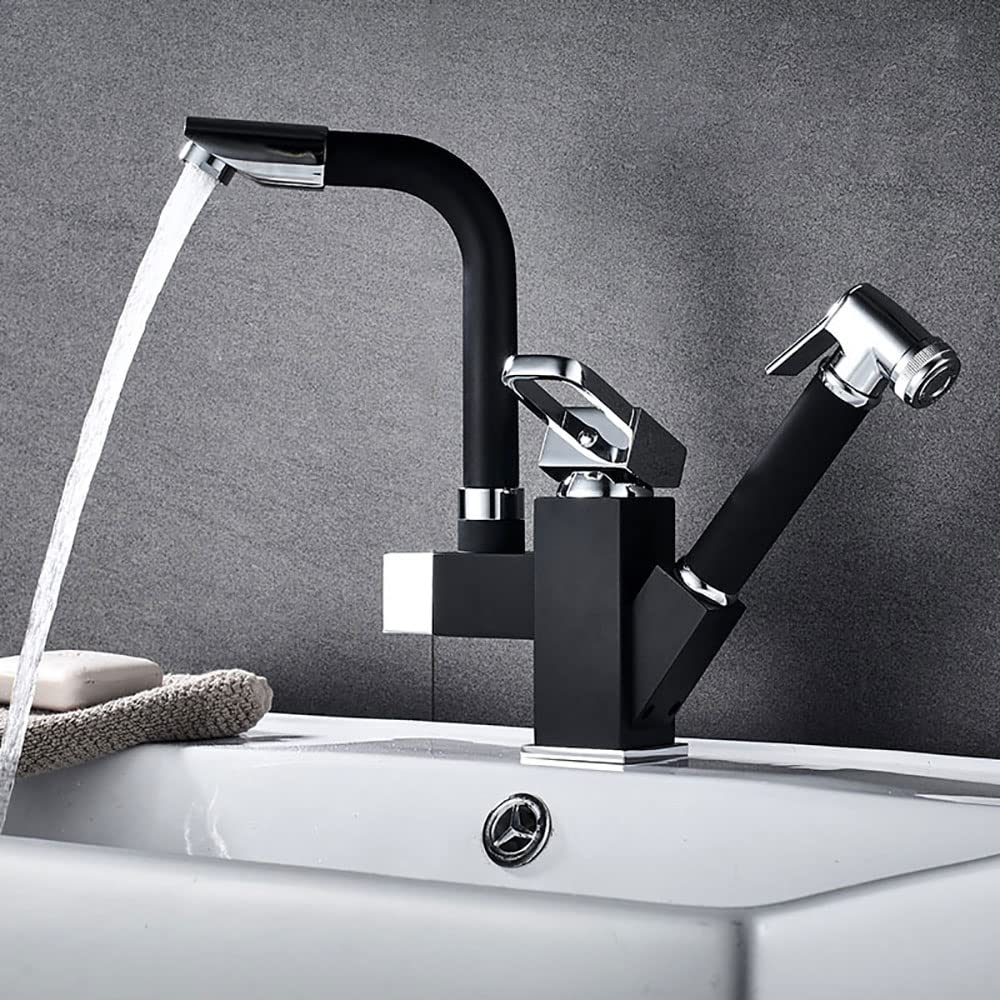Klobvtt Black Bathroom Faucet, Pull-Out Bathroom Sink Faucets, Adjustable And 540° Rotatable Tap With Sprayer, Two Flow Modes, Modern Lavatory Sink Taps
