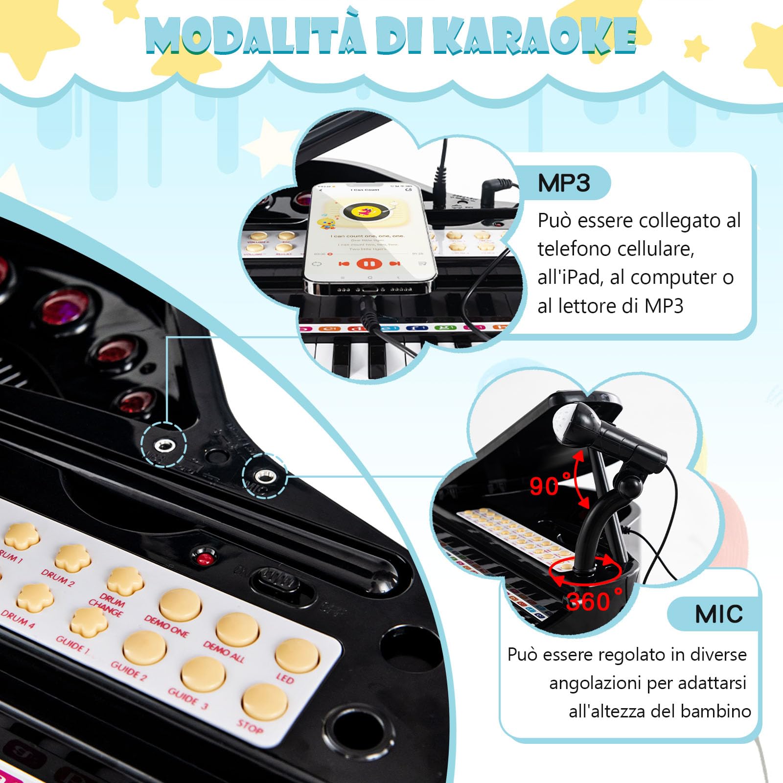 RELAX4LIFE Pianoforte per Bambini con 31 Tasti e Sgabello, Tastiera Pianoforte Elettronico con Microfono Regolabile, Giocattolo Musicale Regalo per Bambini 3+ Anni (Nero)