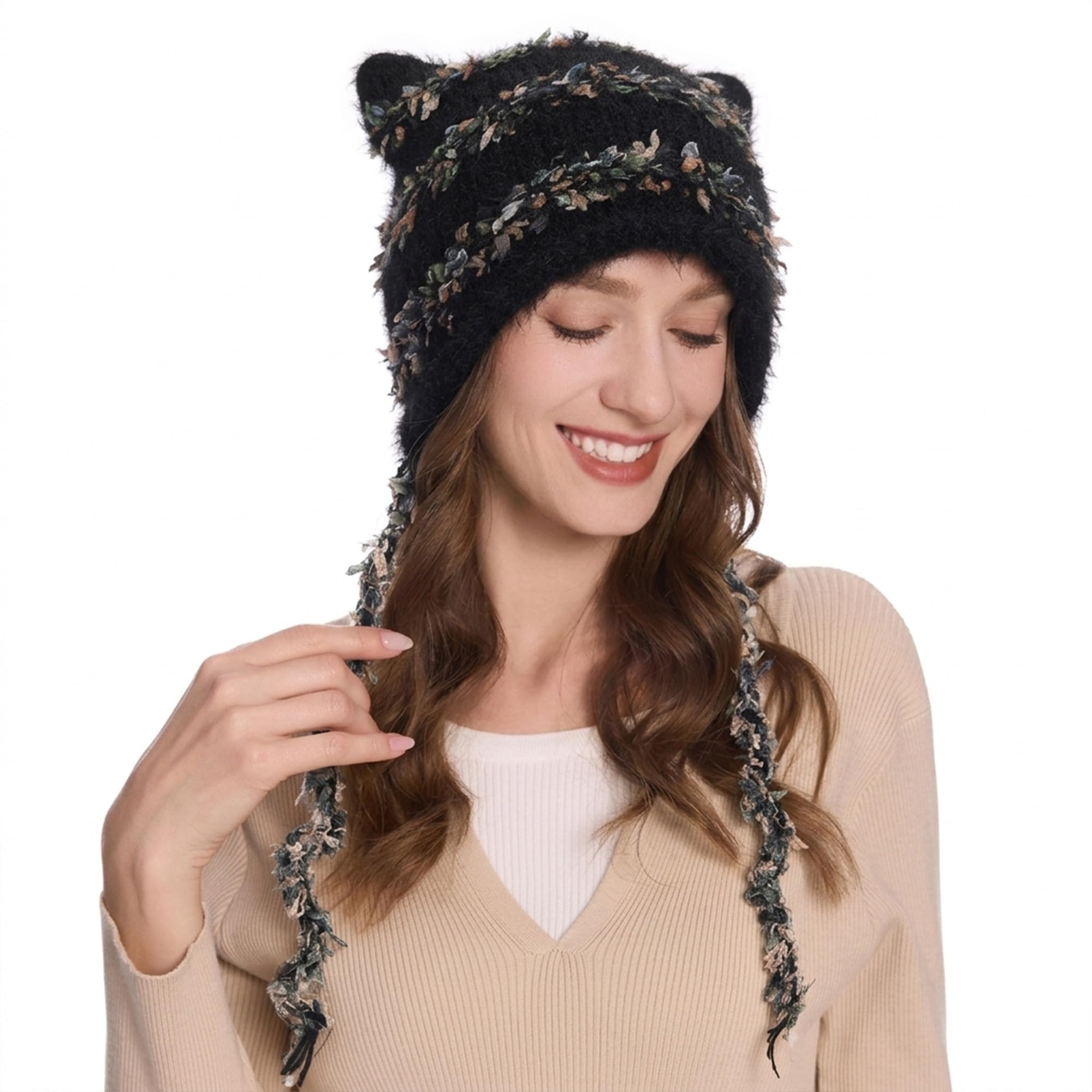 ZLYC Damen Katzenohr Slouchy Strickmütze Grunge Niedlich Wintermütze