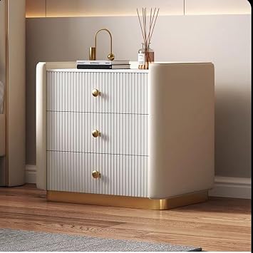 Luxury 3-Drawer Bedside Cabinet,Modern Minimalist Nightstand with Elevated Stone Top & Solid Wood Frame,Faux Leather Bedside Table for Bedroom Living Room,Beige,Khaki1,50x40x52cm20x16x20inc