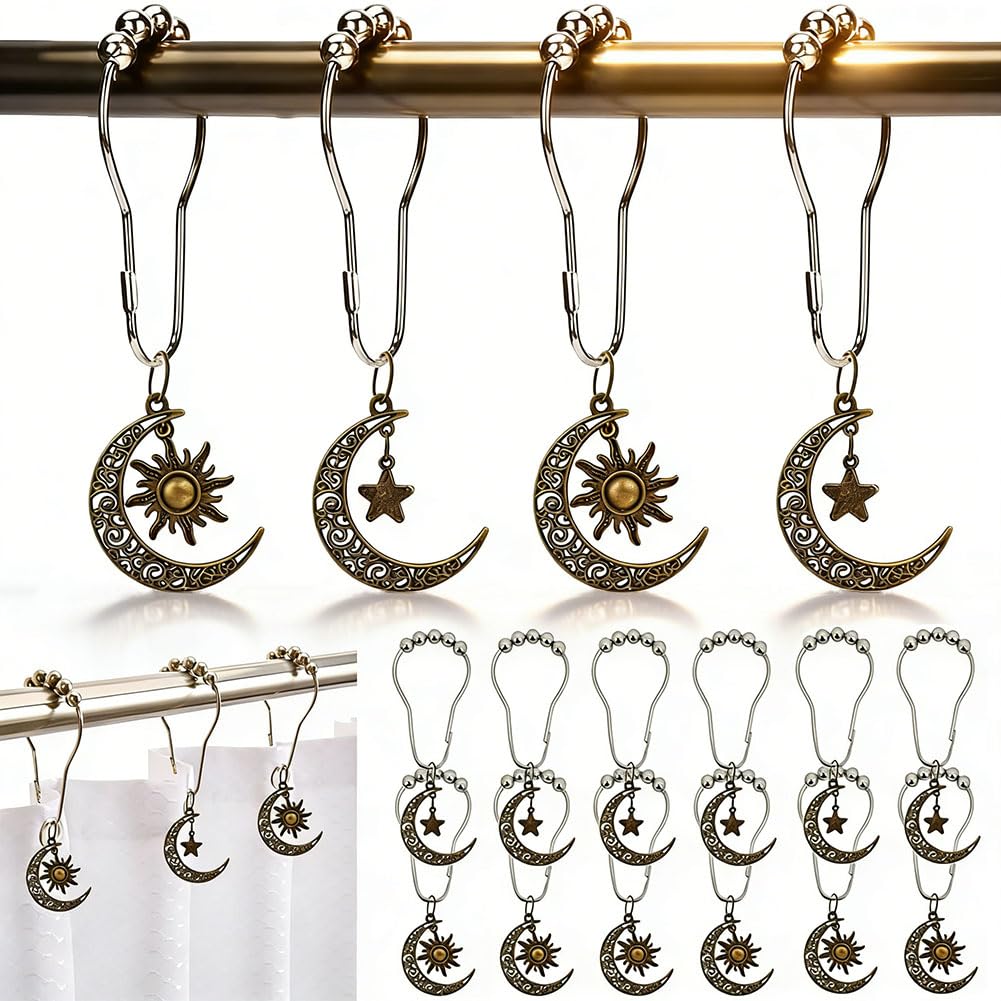 Kinwot Sun Moon Star Decorative Shower Curtain Hook Set of 12 - Stainless Steel, Bronze Finish - Rust Proof, Easy Glide, Multi-Purpose