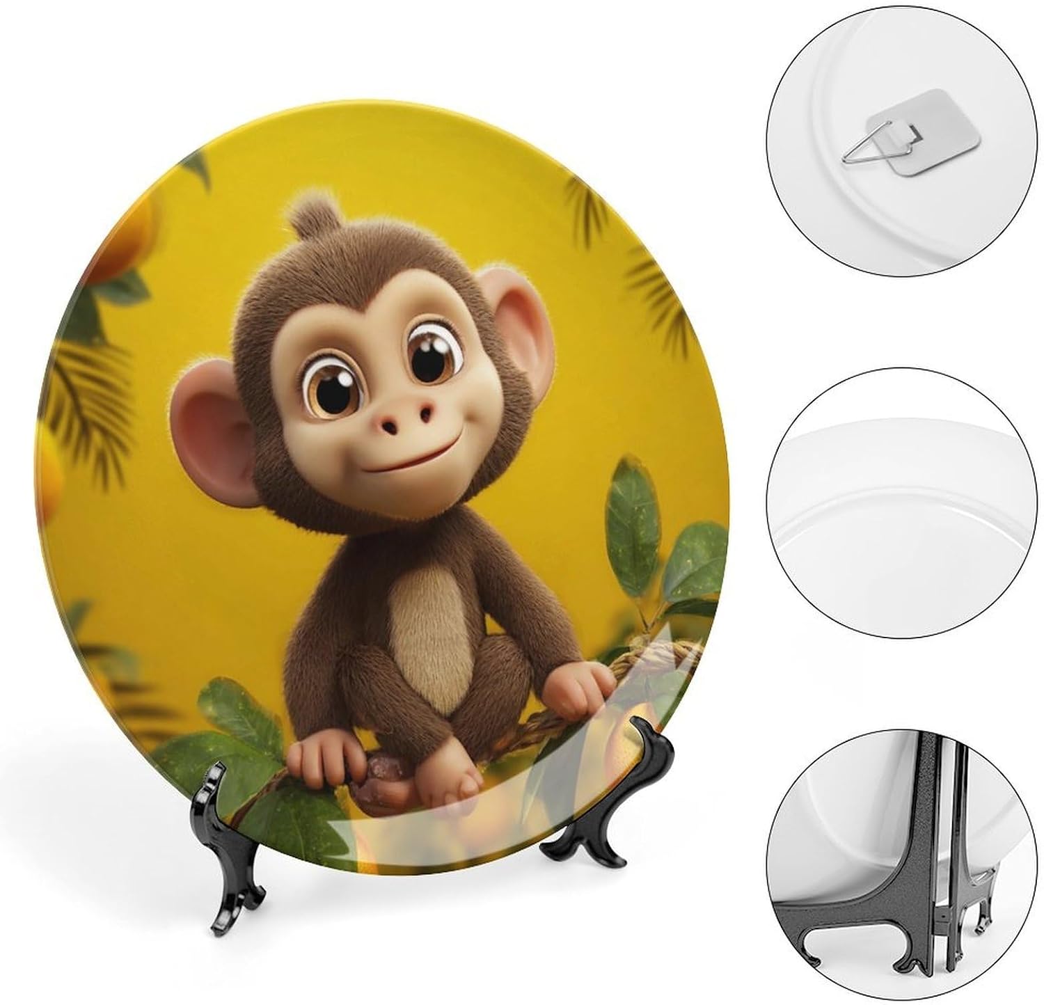 Bone China Decorative Plate 6inch Ceramic Decorative Plates with Display Stand Cute Funny Monkey Banana Dinner Plates Art Crafts Round Ceramic Ornaments Art Porcelain Plate for Home Office Wall Decor image 4