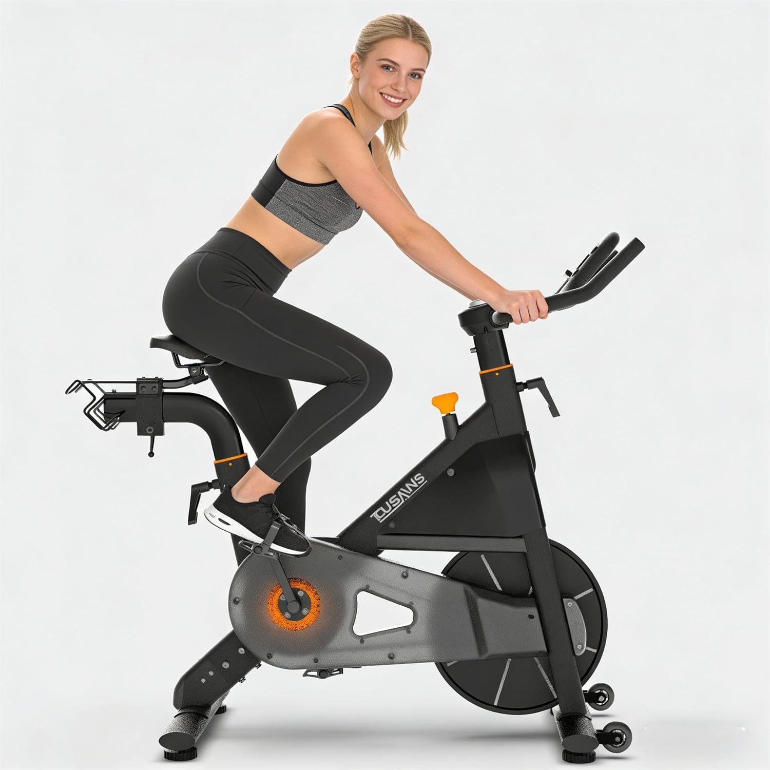 TOUSAINS Exercise Bike for Home, Quiet Magnetic Stationary Bike with App Compatible, 300LB Capacity Indoor Cycling Bike, Adjustable Large Seat, LCD Display & Dumbbell Rack