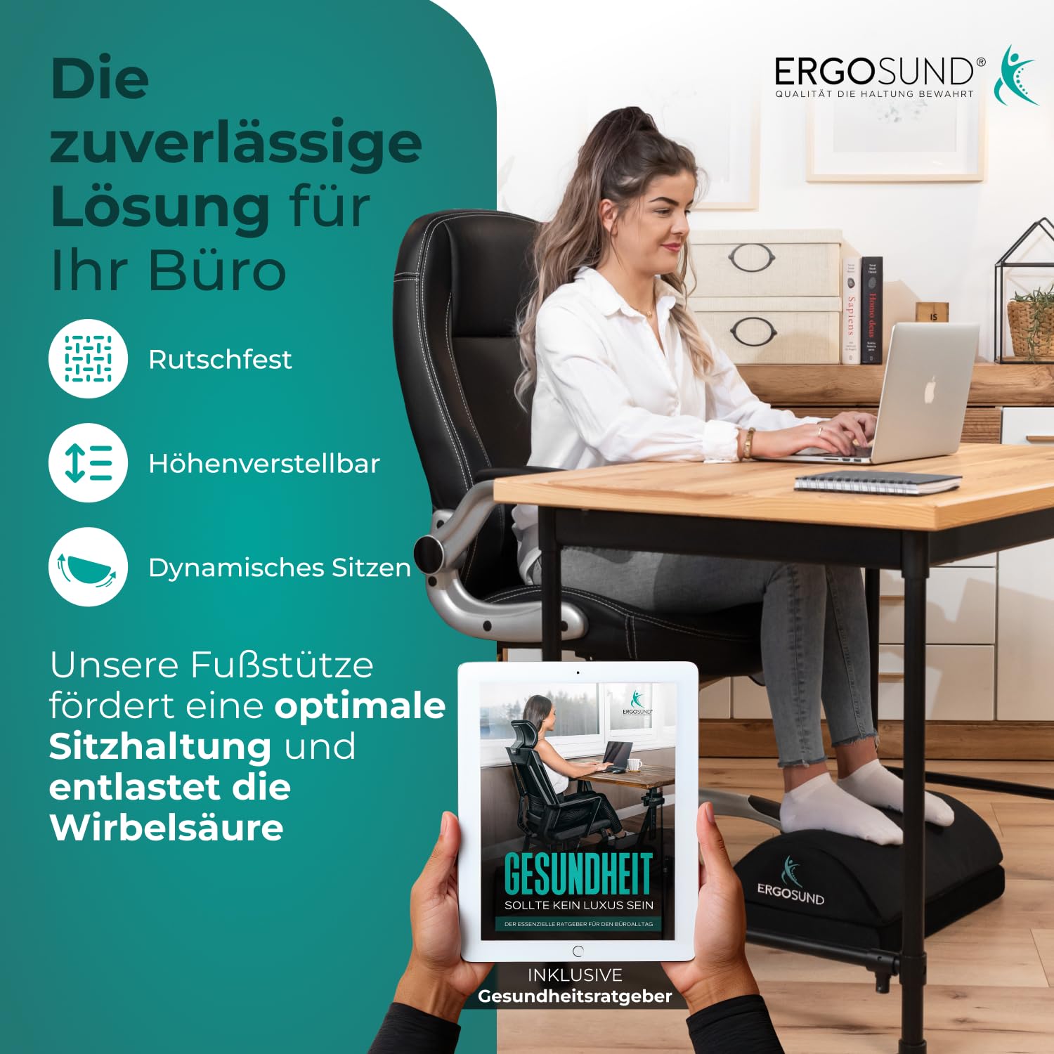 ERGOSUND Fußstütze Schreibtisch TESTSIEGER Premium Schaumstoffkern Höhenverstellbare Fußbank rutschfest Ergonomische Fußablage Homeoffice Büro Zubehör