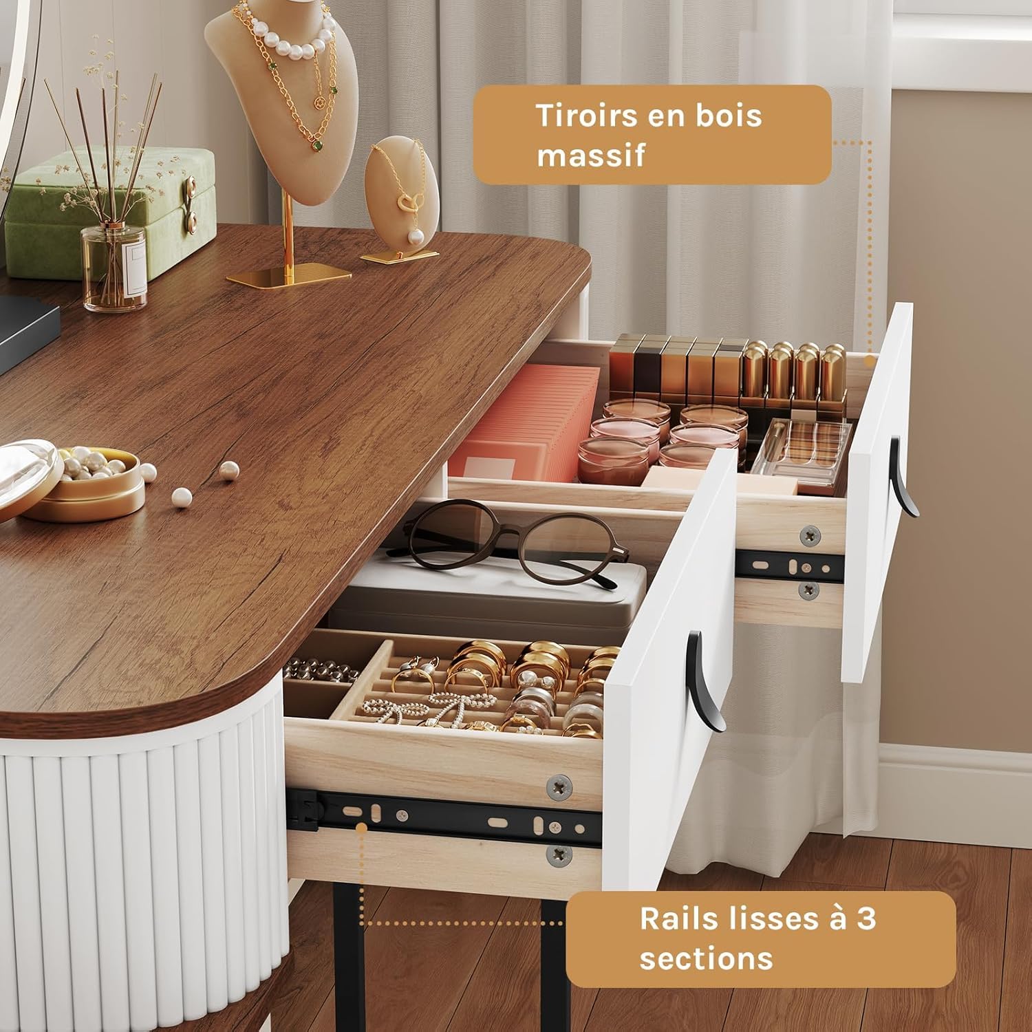 WOLTU Coiffeuse avec Miroir LED Réglable, 3 Couleurs, Table de Maquillage avec 5 Tiroirs de Rangement, Coiffeuse Moderne, 2-en-1 Bureau pour Chambre, 100x40 cm, en Bois et Métal, Marron + Blanc + Noir