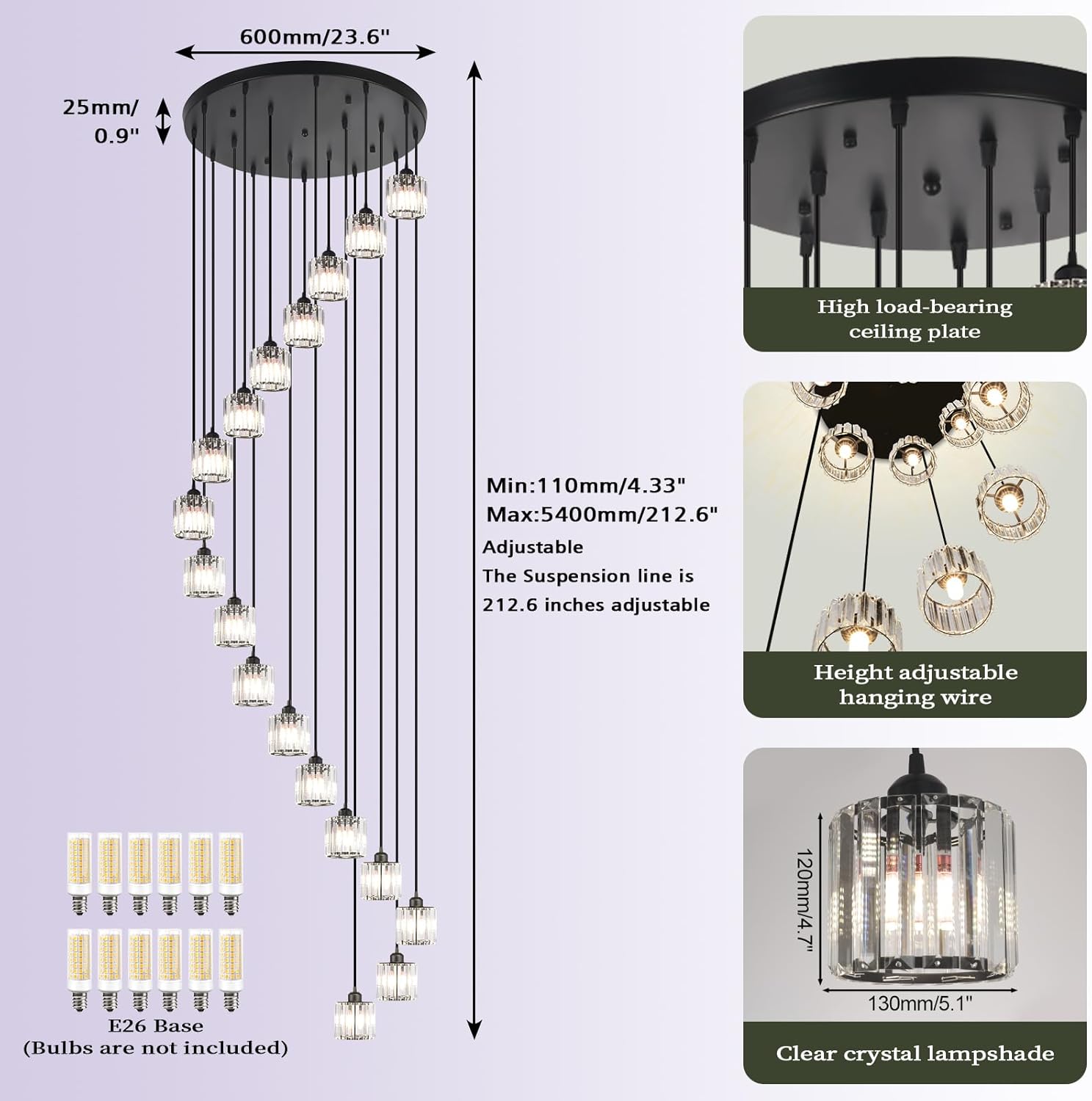Long Raindrop Crystal Chandelier for High Ceilings Modern Crystal Long Pendant Light, Staircase Foyer Entryway Pendant Light,Raindrop Drop Lamp, Large 23.6" Black Ceiling Plate18 Lights