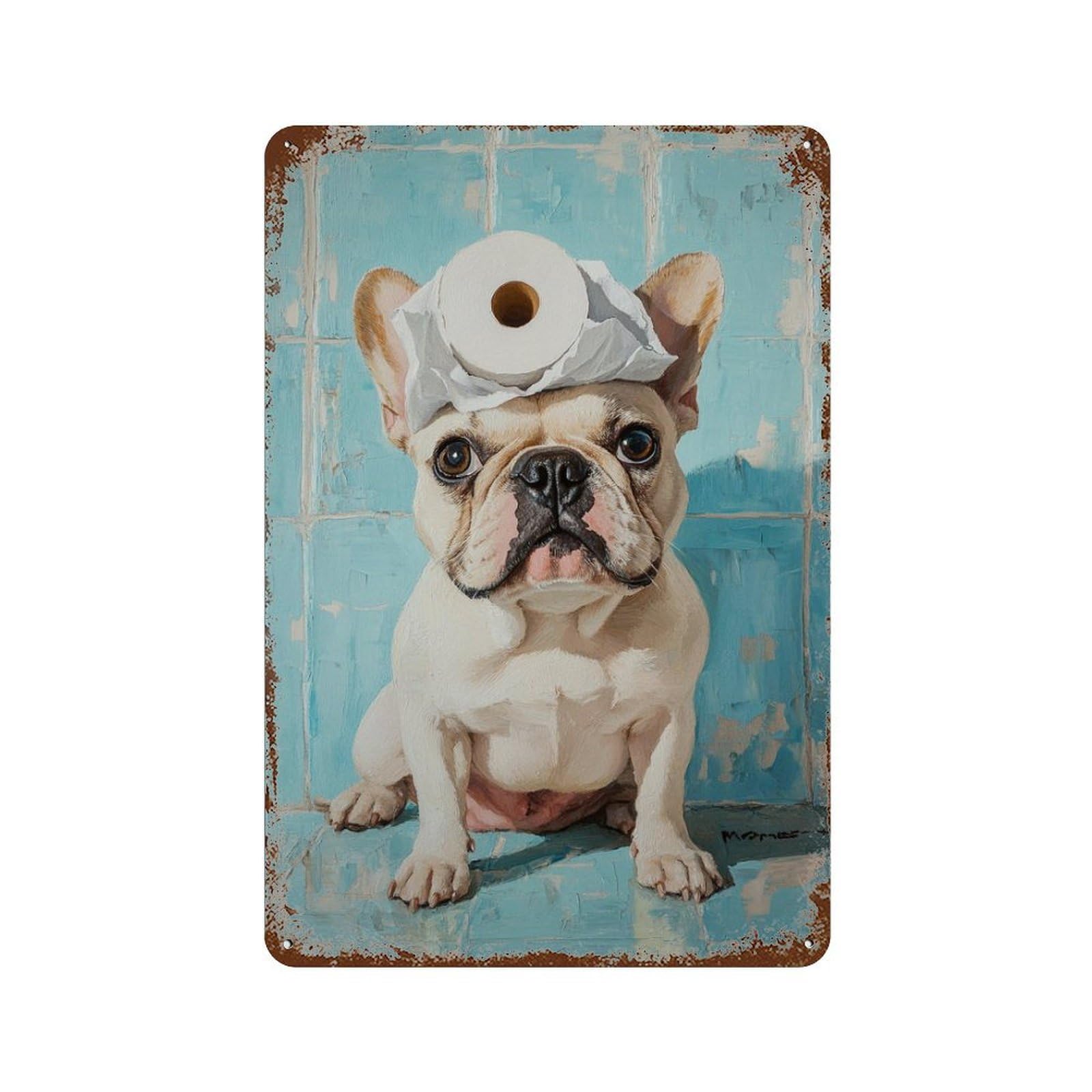 Rust Effect Funny French Bulldog with Toilet Paper Weathered Tin Sign 11.8"x7.9", Shabby Chic Decor for Patio, Garden Room And Bar Decor