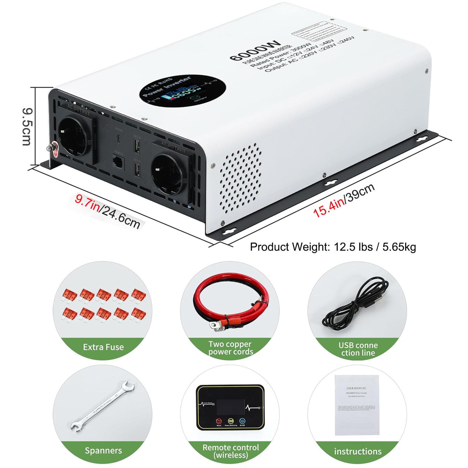 Moc szczytowa 6000 W/moc znamionowa 3000 W Inwerter z bezprzewodowym pilotem, czysty sinusoidalny inwerter mocy, przetwornik DC na AC,12V to 230V