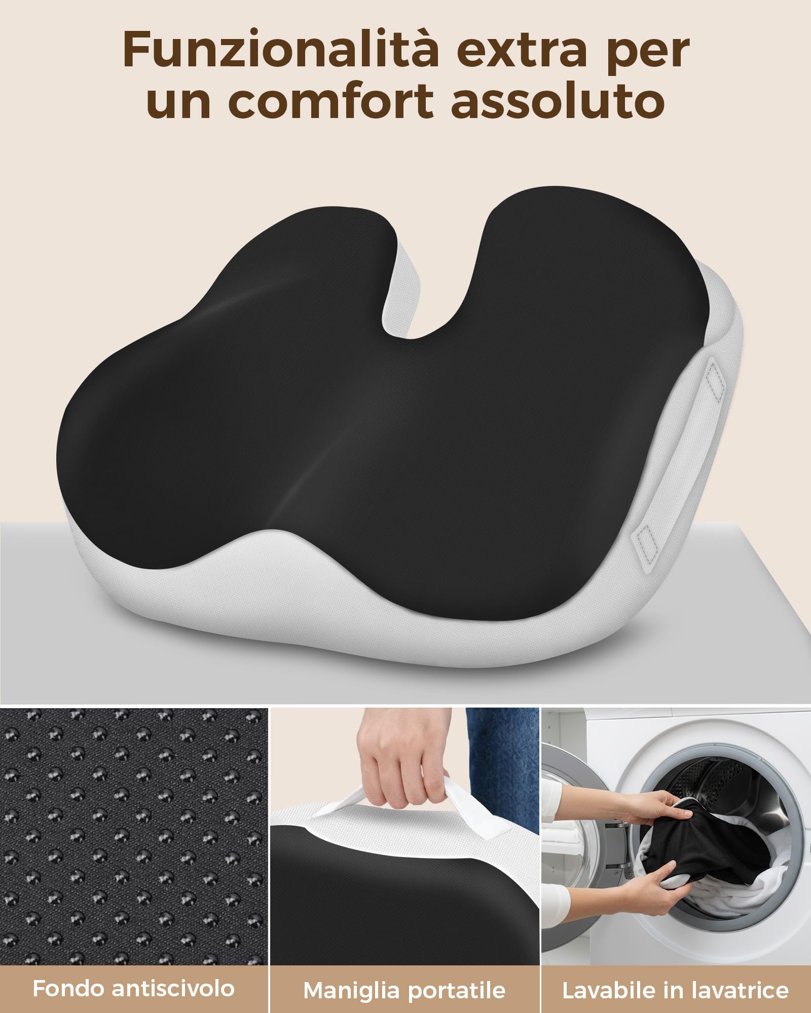 Feagar Cuscino Sedia Ufficio in Memory Foam Alta Densità per 60-90kg | Con pratica maniglia e fondo antiscivolo. Ideale per seduta prolungata, auto, home office e studio, comfort quotidiano.