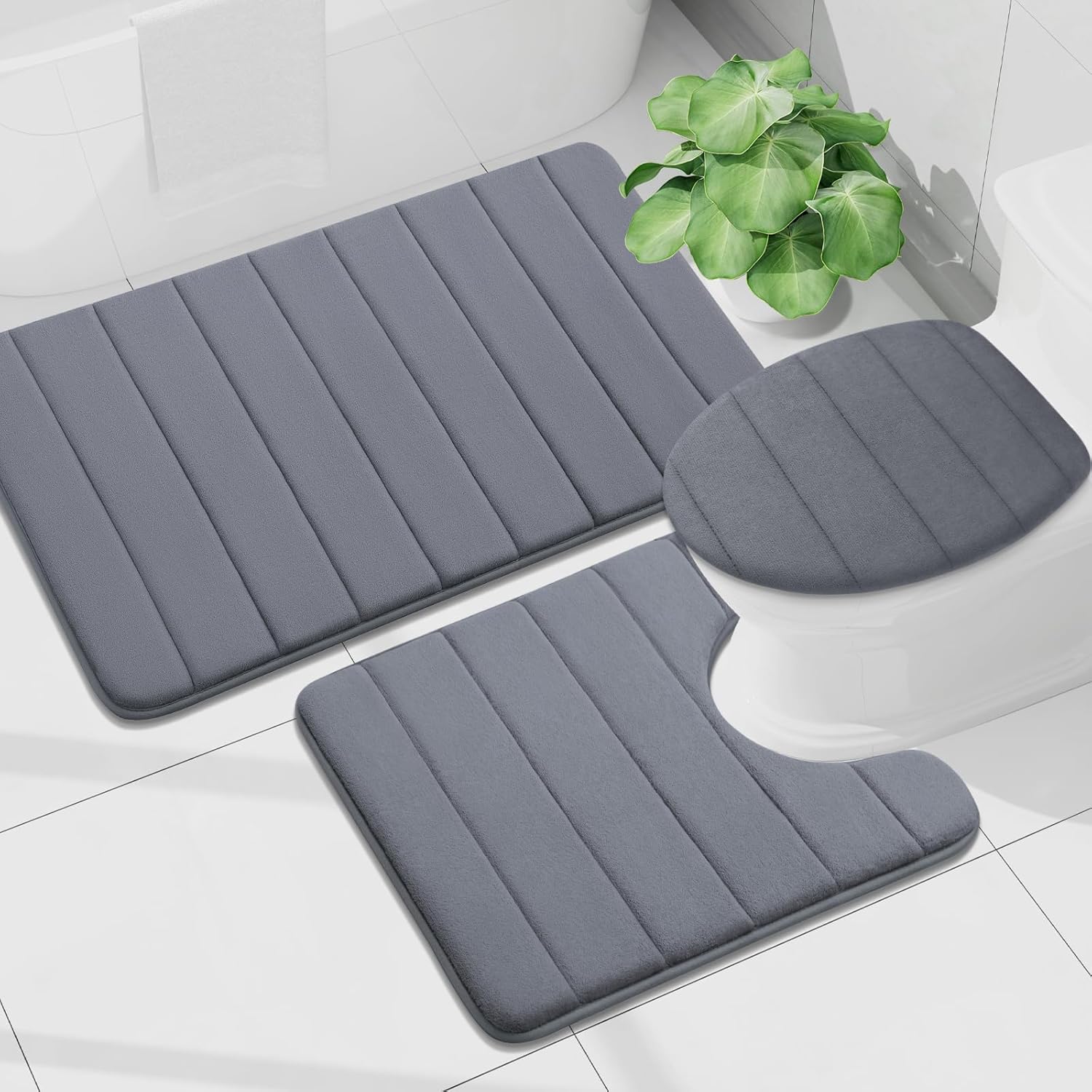 Buganda Bathroom Mat Set, 2 Piece Memory Foam Bath Mat and U-Shaped Toilet Rug, Machine Wash Dry, Soft Non Slip Absorbent Bath Rug for Bathroom, Shower and Tub (36" x 24"+24" x 20", Dark Grey)