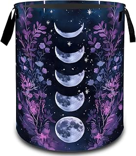 Moon Phase Floral with Starry Sky Laundry Basket, Dirty Collapsible Clothes Toy Organizer Hamper for Kids Adults, Oxford Cloth Waterproof Storage Bin for Room Bathroom Decor Gifts, 19.7"X15.7"