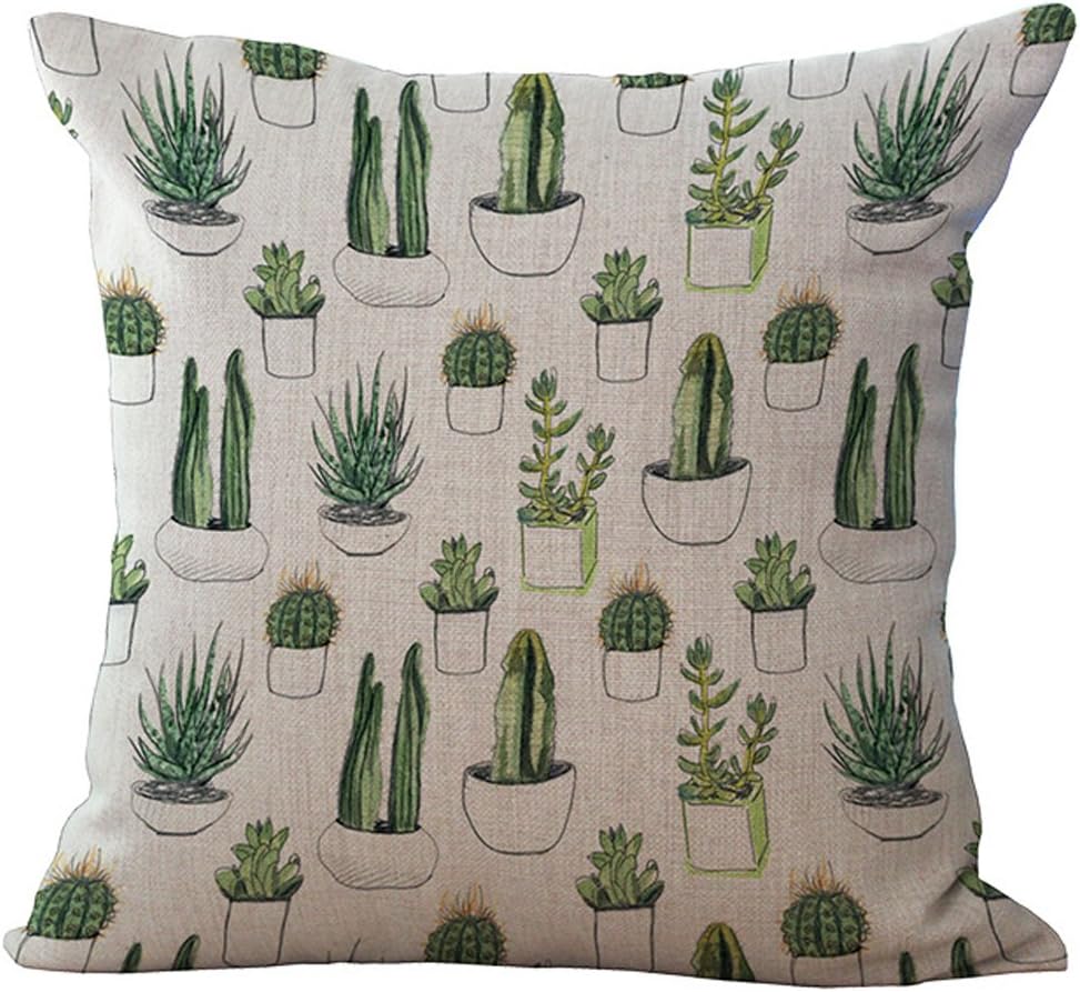 Sunshine06 Cactus Pattern Vintage Cotton Linen Square Throw Pillow Case Decorative Cushion Cover Pillowcase Cushion Case for Sofa Bed Chair18 X 18 Inch (A)