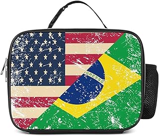 U.S. And Brazil Vintage Flag Detachable Lunch Bags Reusable Insulated Meal Bag Lunchbox with Water Bottle Holder