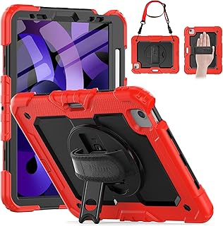 Timecity iPad Air 5th/ 4th Generation Case 10.9 2020/2022, Shockproof Protective Case with Screen Protector, 360° Rotating Stand, Hand/Shoulder Strap Rugged Case for iPad Air 4/5 Case, Black/Red