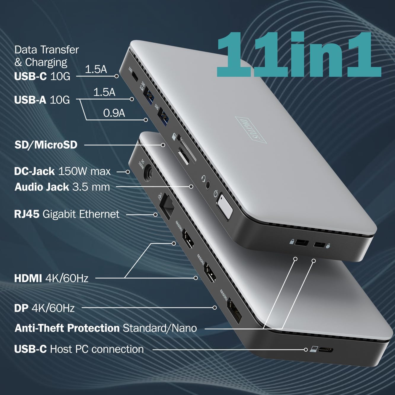 DIGITUS USB-C Docking Station - 11 Ports - 2X HDMI, 1x Displayport UltraHD 4k/60Hz - 2X USB-A 3.2 Gen2, 1x USB-C 3.2 Gen2-1x RJ45 - Dual Card Reader - 1x 3.5 mm Audio - Grey
