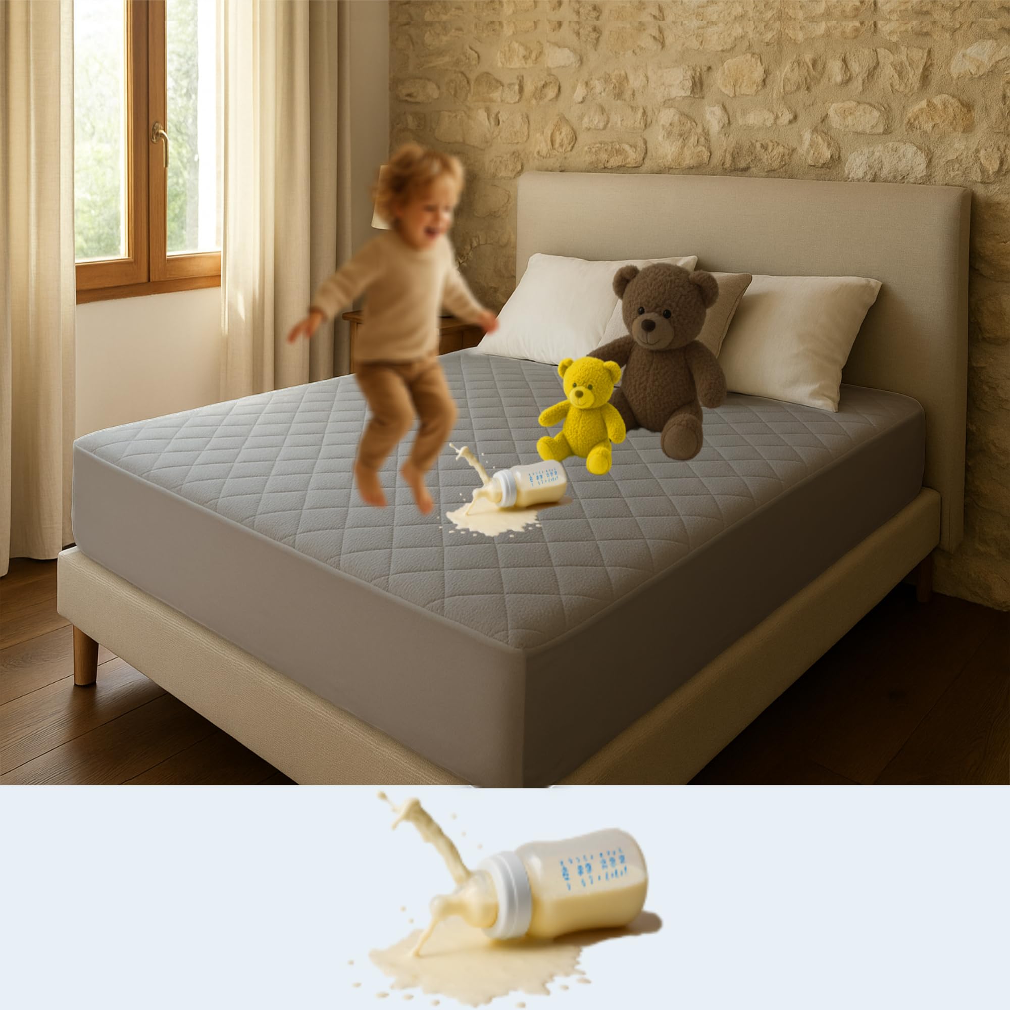 Matratzenschoner aus Baumwolle, gesteppt, mit antiallergischer Behandlung, wasserdicht, milbendicht, weich und leise, atmungsaktive Matratzenauflage (Grau, 140 x 190/200 + (35-40))