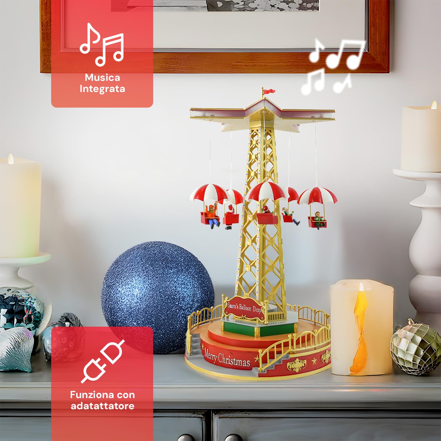 Avilia Giostra Natalizia Animata con Musica e Luci Led - Ideale per Decorare Casa o Villaggi di Natale Durante le Feste Natalizia - Dipinta a Mano è Adatta a Tutti gli Arredamenti - 44.5x24,5x24.5cm