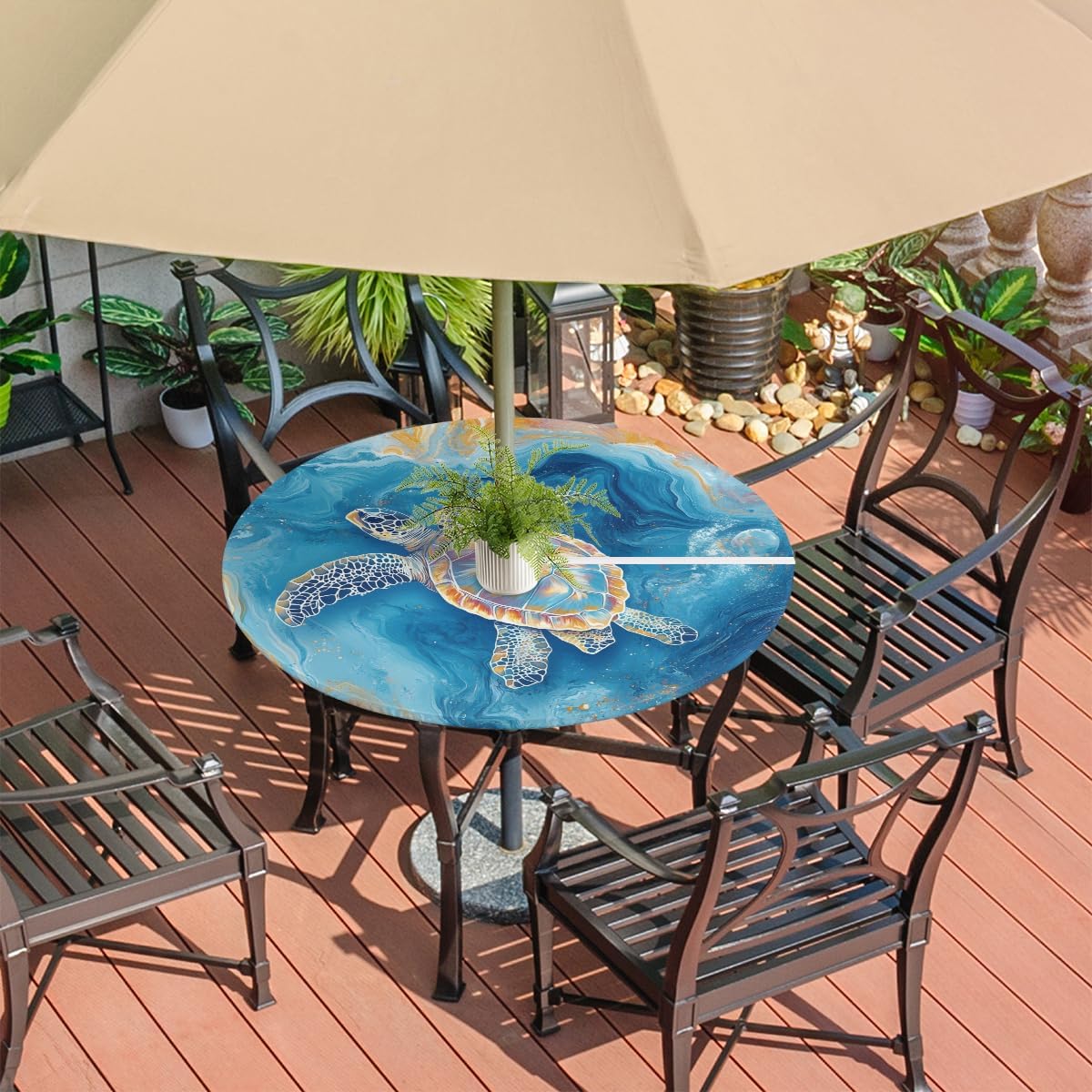 Outdoor Round Tablecloth With Umbrella Hole, Ocean Sea Turtle Patio Table Cover Circle Fitted Tablecloth with Zipper Waterproof Umbrella Table Cover for Party Picnic, Fit for 45"-56" Round Tables