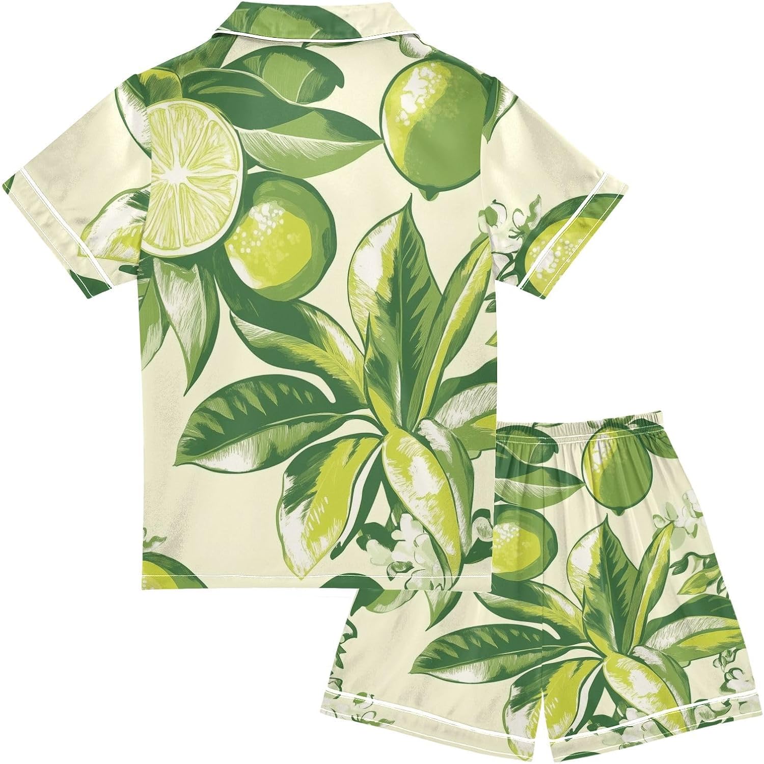 ZZXXB Lime and Floral Kids Satin Short Sets Outfits Casual Button Down Short Sleeve Lounge Set S-XXL