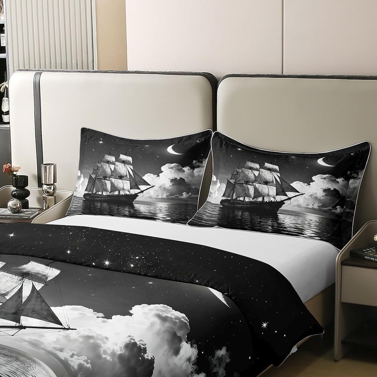 Castle Fairy Nautical Ship 100% Cotton Duvet Cover Queen Size 3 Pcs Sea Ocean Pirate Ship Bedding Set for Kids Teens Adults Moon Stars Sea Waves Sailship Comforter Cover,2 Pillowcases,No Comforter
