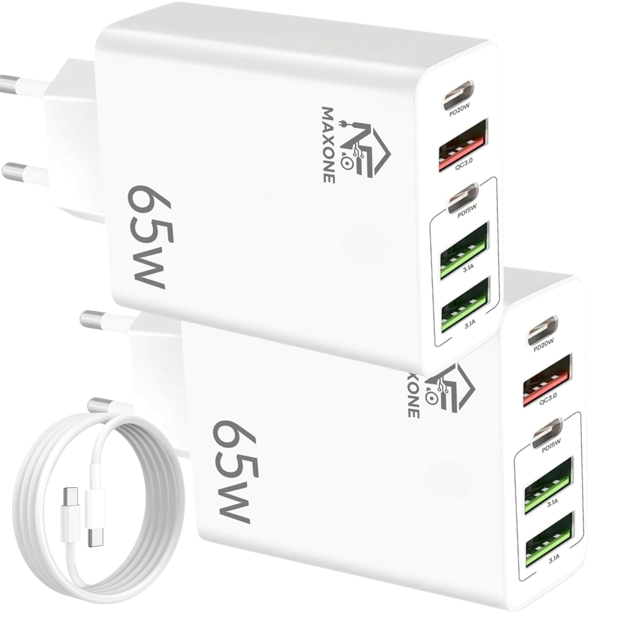 Pack 2 Cargador USB C Carga Rápida - Cargador USB Múltiple 5 Puertos - Enchufe Multiple USB C 65 W – Adaptador Compatible con Samsung, iPad, iPhone, Google, Carga Movil.65W