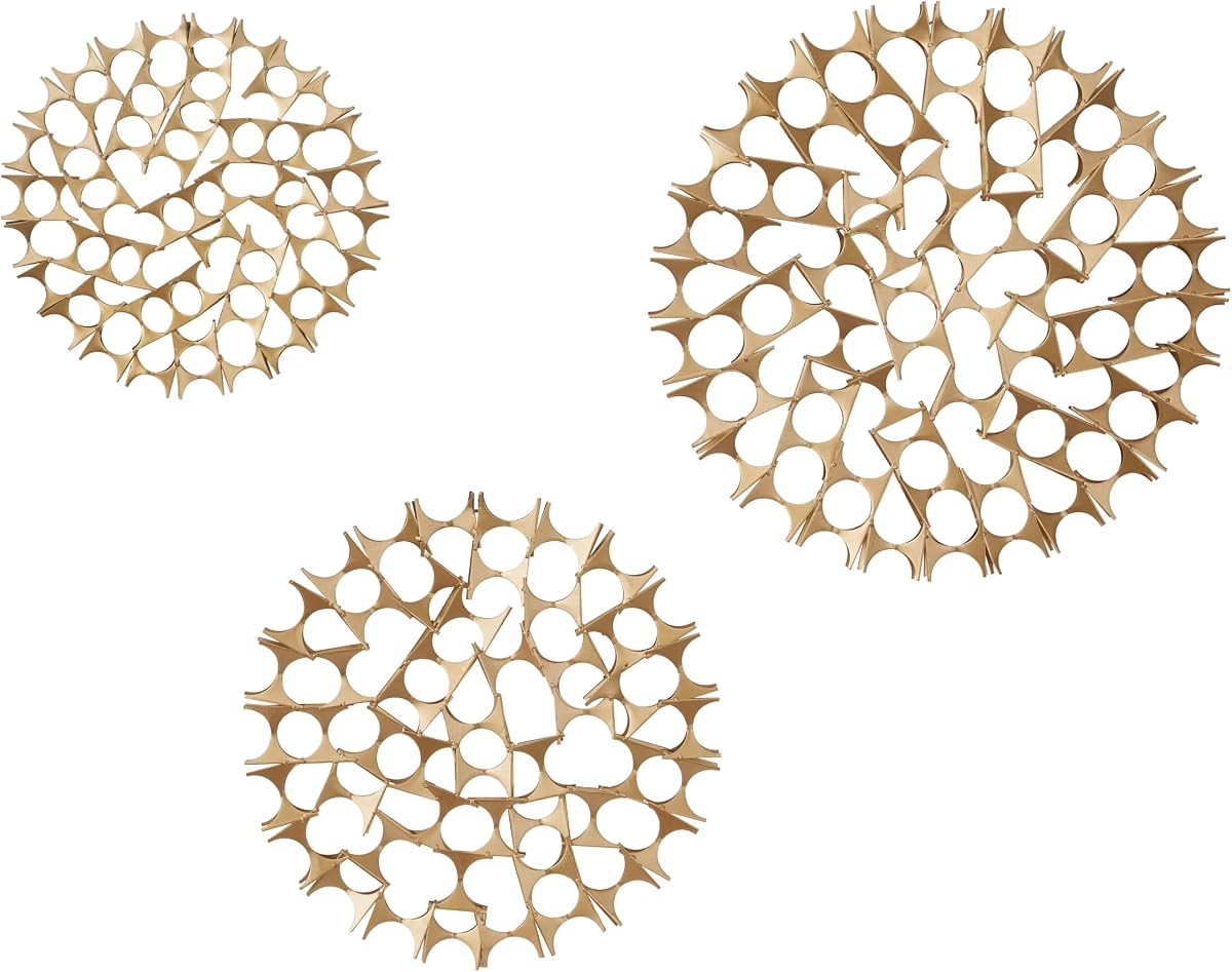 Deco 79 Escultura de pared abstracta de metal para decoración de pared del hogar con diseño recortado, juego de 3 arte de pared de 15", 19", 23"D, dorado