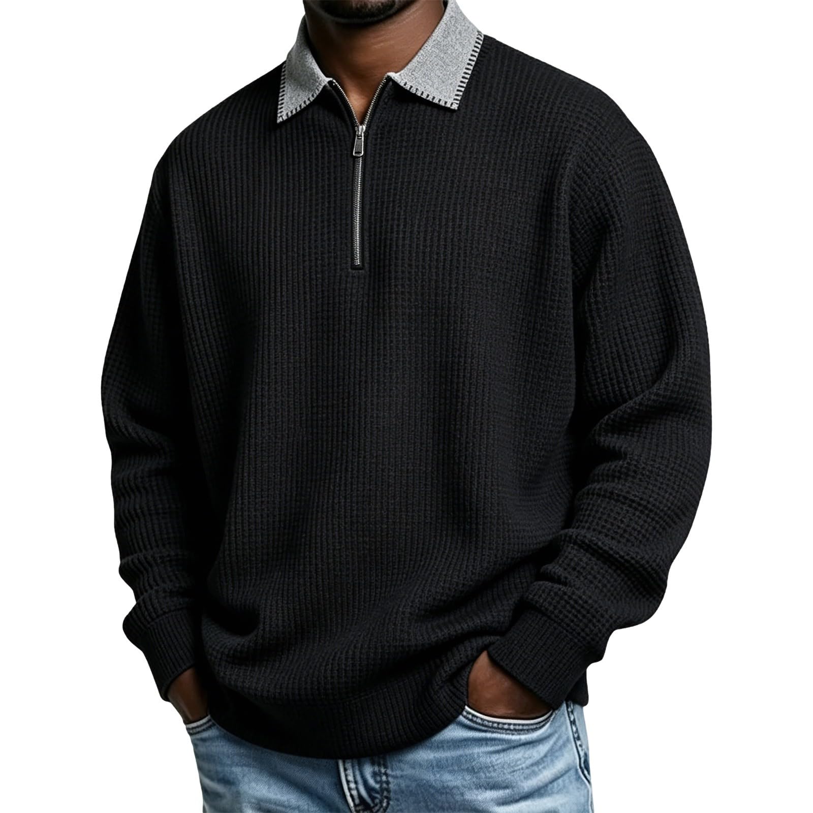 DENGJIAMY Polo grande taille avec fermeture éclair 1/4 pour homme