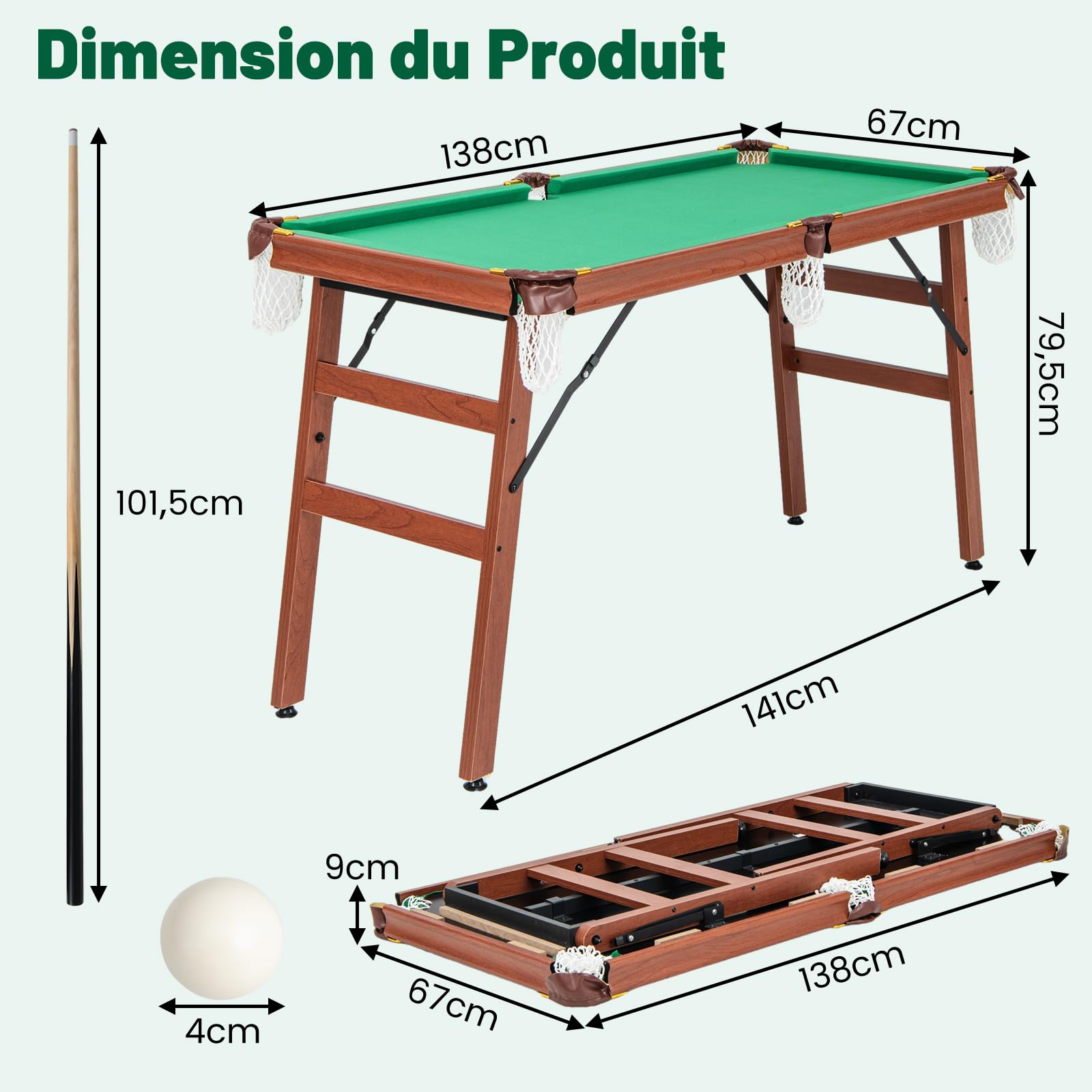 COSTWAY Table de Billard Americain Pliable avec Accessoires(2 Queues, 16 Boules, Triangle, 2 Craies, Brosse), Jeu de Billard avec Pieds Réglables, Marron et Tapis Vert, 138 x 67 x 79,5 CM