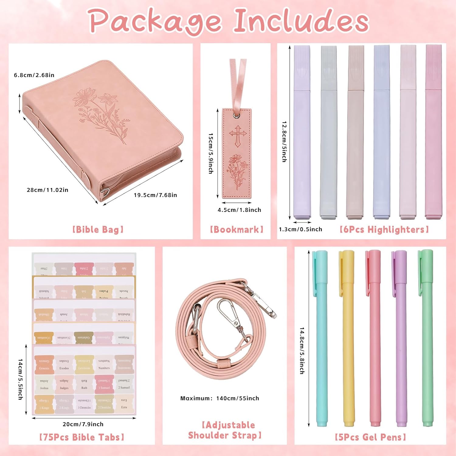 19PCS Floral Pink Leather Bible Cover for Women Bible Cover Cases for Teen Girls Christmas Gift Christian Bags Journaling Kit with Shoulder Strap Highlighter Pens & Book Marker 10.47 * 7.48 * 2.17in