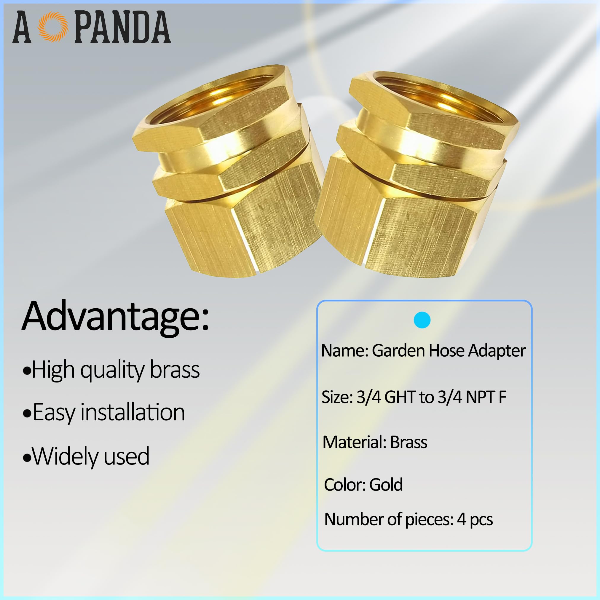 AOPANDA Adaptador de conectores de manguera de jardín de 3/4 GHT hembra a 3/4 NPT hembra, latón macizo de reparación doble hembra a hembra conector de manguera de agua doble (4 piezas y 8 arandelas de