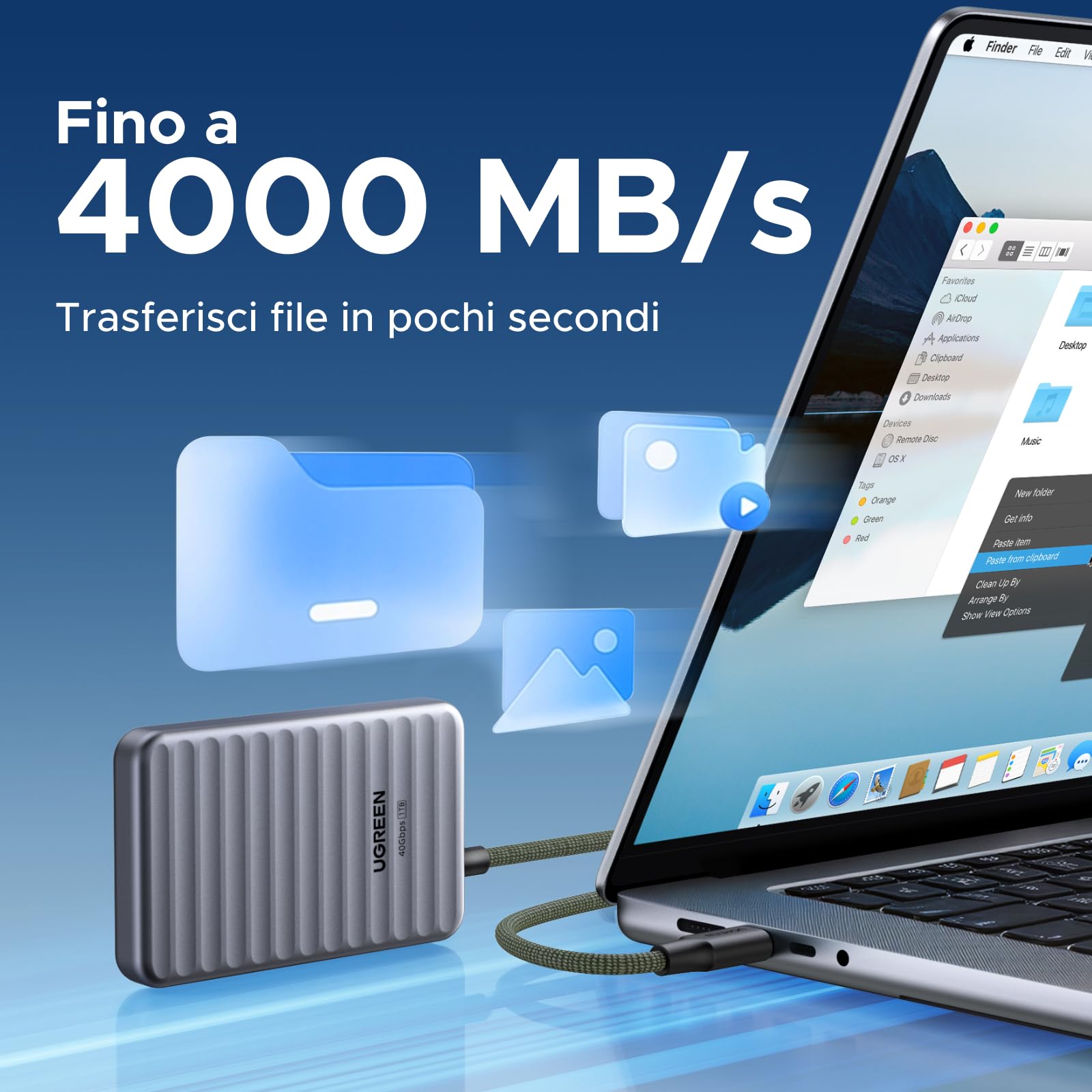 UGREEN NeoDrive Go SSD Portatile 1TB Fino a 4.000 MB/s SSD Esterno USB4 | con Cavo Integrato Compatibile con PC Windows MacOS Linux e Dispositivi Mobili iOS iPadOS Android