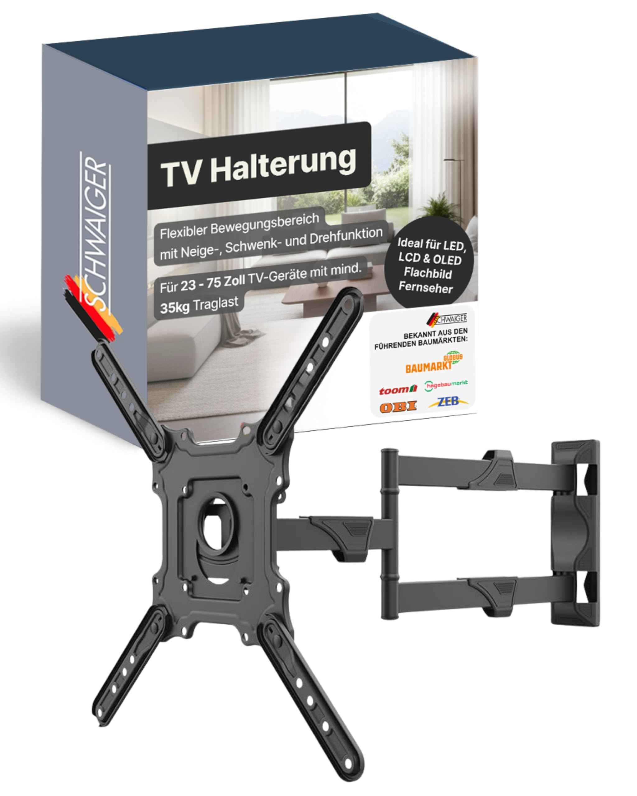 SCHWAIGER TV-Wandhalter Motion 4 I 23-75 Zoll Fernseherhalterung I neigbar, schwenkbar & drehbar I universelles Montageset für Flachbildschirme I TV-Halterung mit integrierter Kabelführung