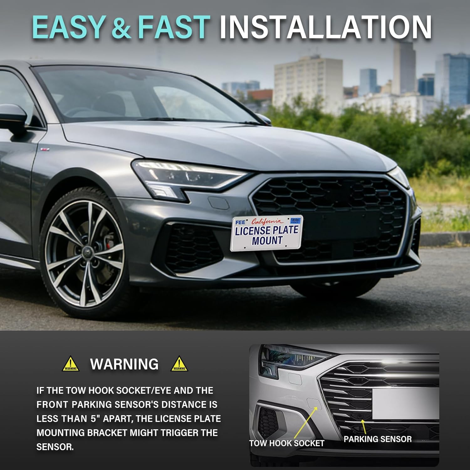 No Drill Front Bumper License Plate Mount Compatible with Volkswagen Tiguan 2018-2023 /Audi A3/S3 2022-2025 Front Tow Hook License Plate Holder Car License Plate Frames Accessories Kit