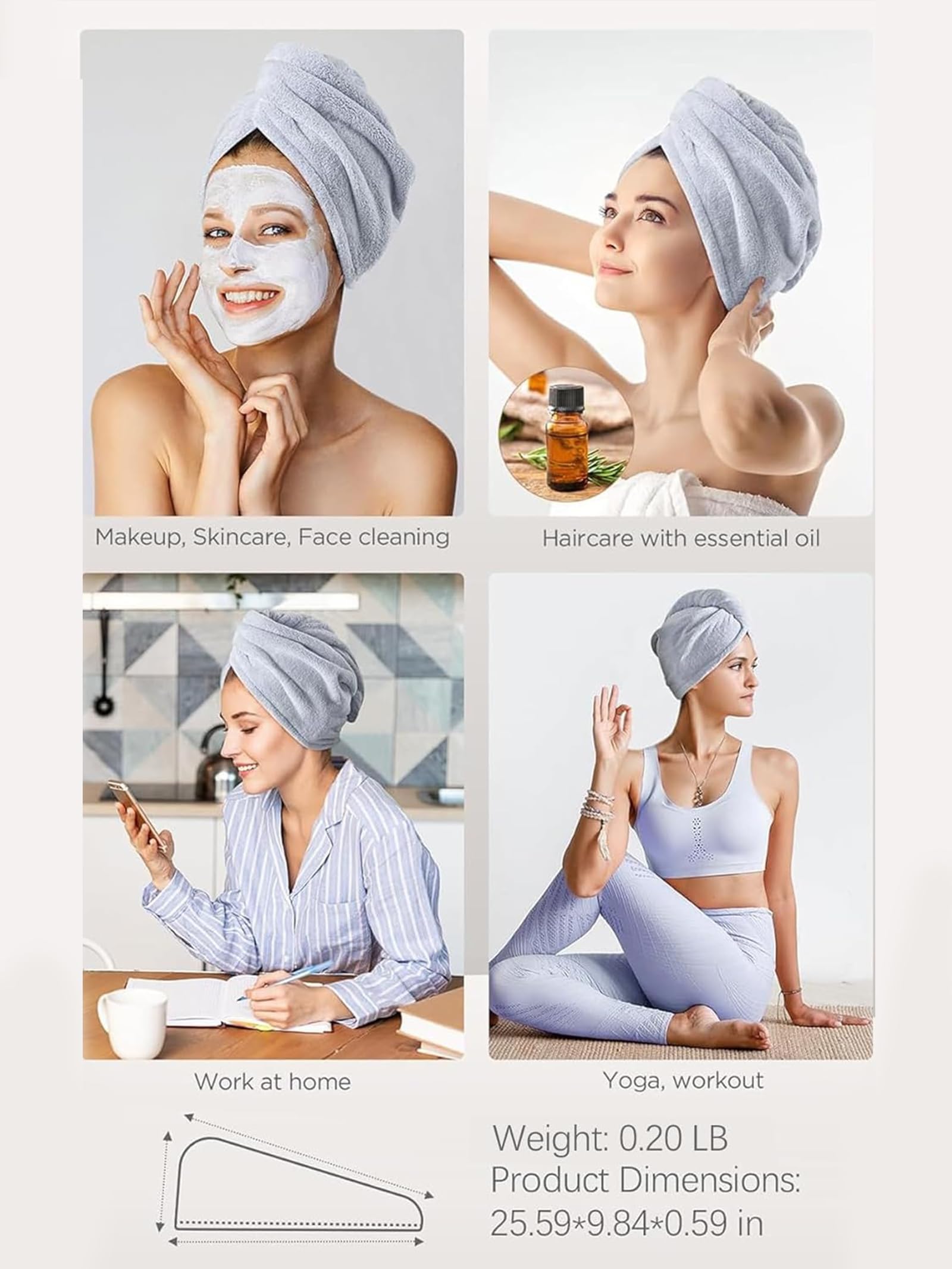 KU 3 Pezzi Asciugamano Microfibra, Turbante Asciugacapelli, Super Assorbente ad Asciugatura Rapida, Cura dei Capelli，Ideale per Donne&Bambini Capelli Lunghi, Corti, Ricci (Grigio Rosa Blu)