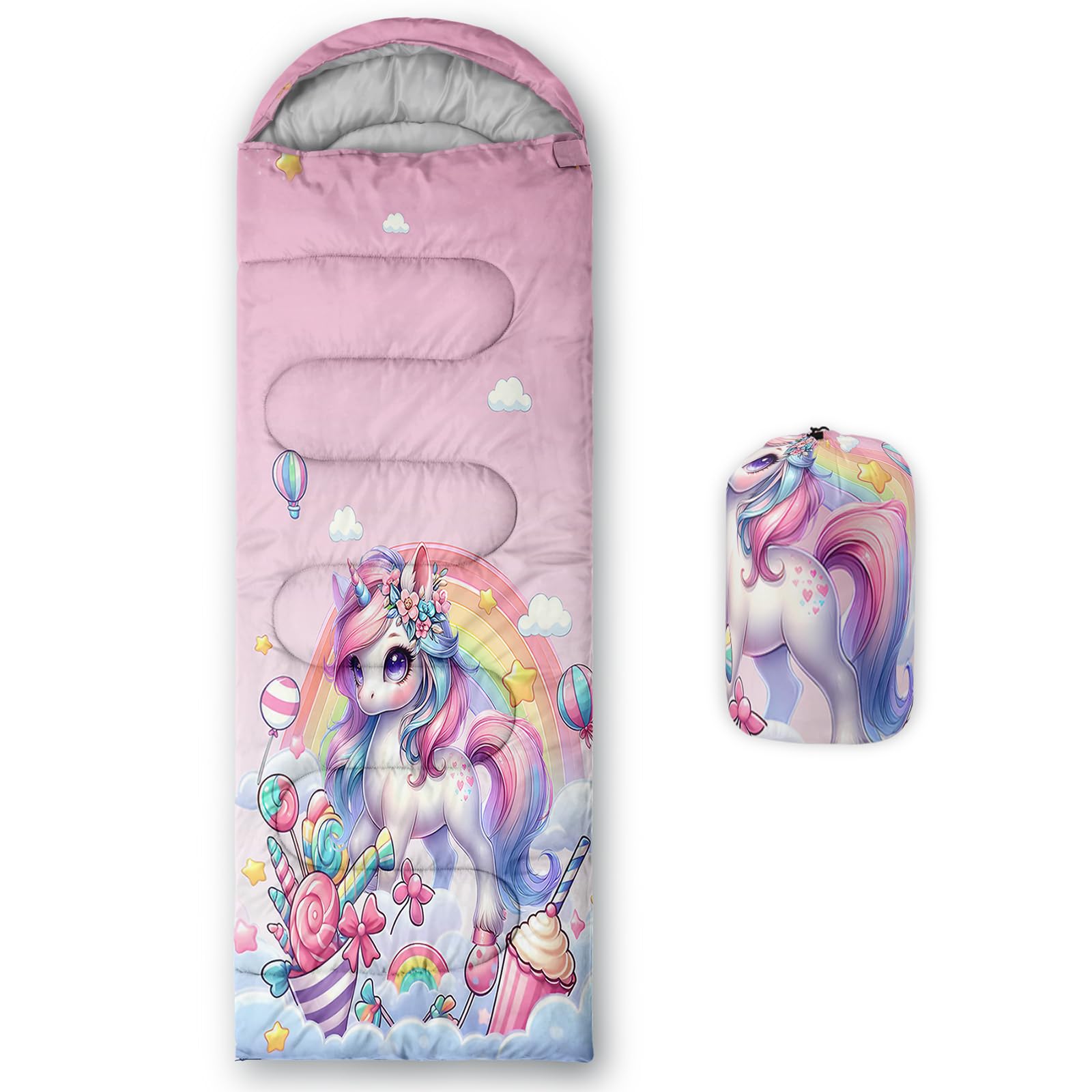 HOSIMA Cartoon Unicorn Sleeping Bag for Toddler Kids Girls,Candy Dessert Balloon Rainbow Pattern Cold Weather Gear for Camping,Waterproof Ultralight Girls Hiking Sleeping Bag Suitable for All Seasons.