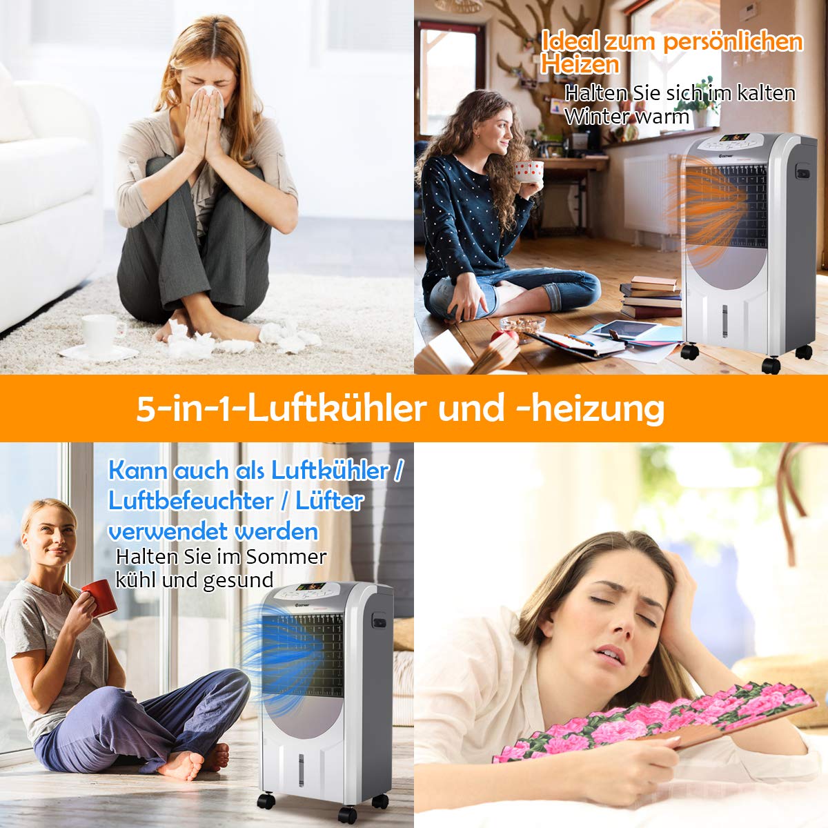 COSTWAY 2000W Luftkühler tragbar, Verdunstungskühler mobil Klimaanlage | Klimagerät ohne Abluftschlauch, Heizlüfter Luftbefeuchter Luftreiniger 8H Timer / 7L Wassertank / 70°Winkel / Fernbedienuung