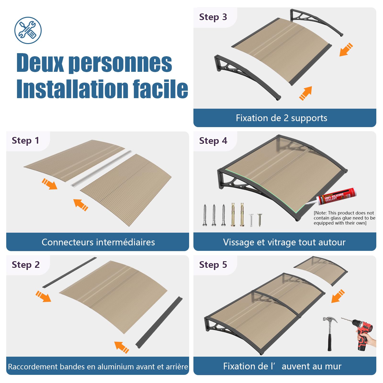 GUANSU 300x80cm Marquise de Porte Extérieure, Auvent Polycarbonate Anti-UV | Bloque UV & chaleur, Anti-pluie vent neige, Auvent porte d'entrée pour terrasse/balcon/fenêtre, Support ABS anti-rouille